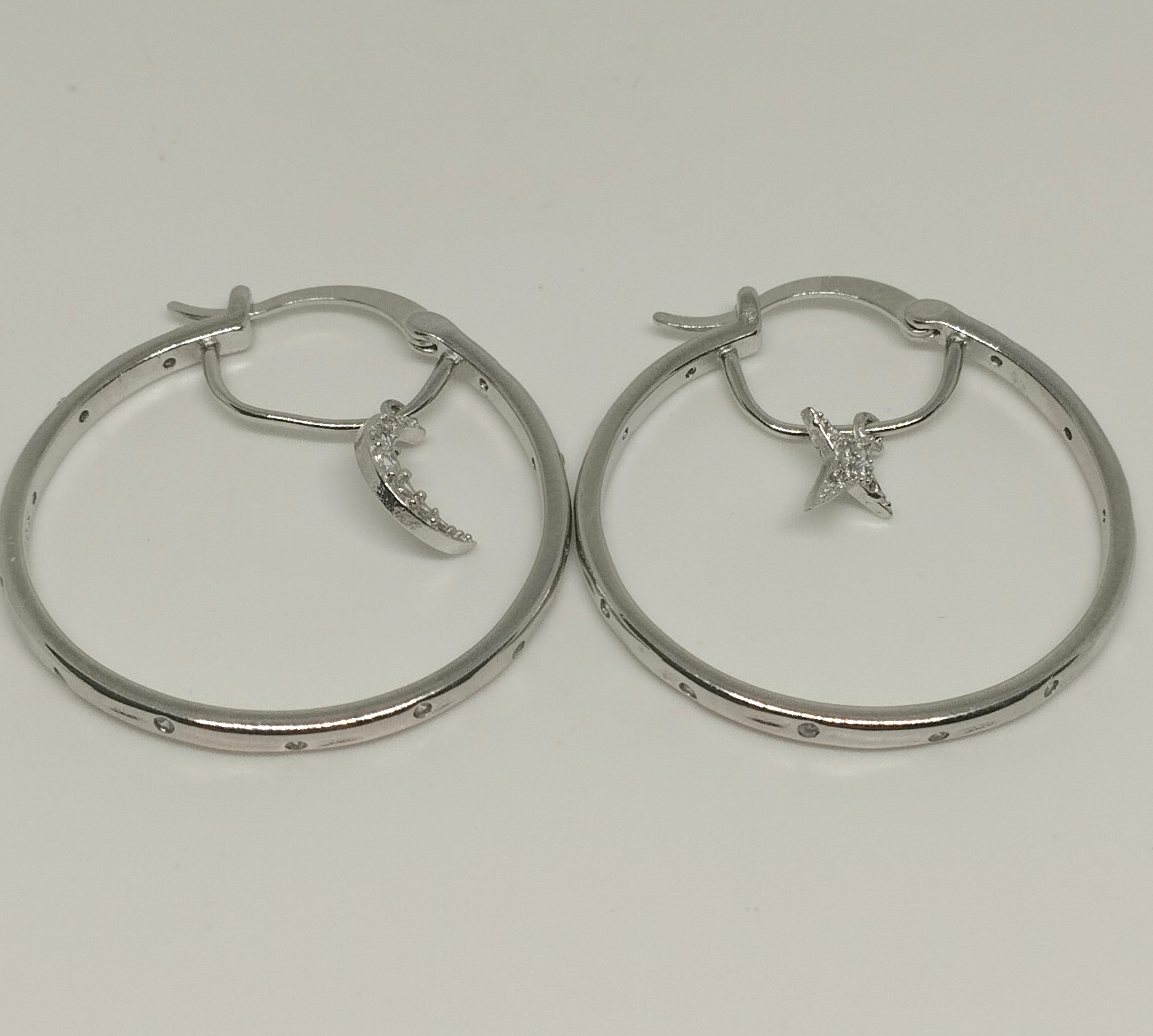 Sterling Silver Hoop Earrings with Dangling Star and Moon Clear Zircon Accent Hoops - £11.99