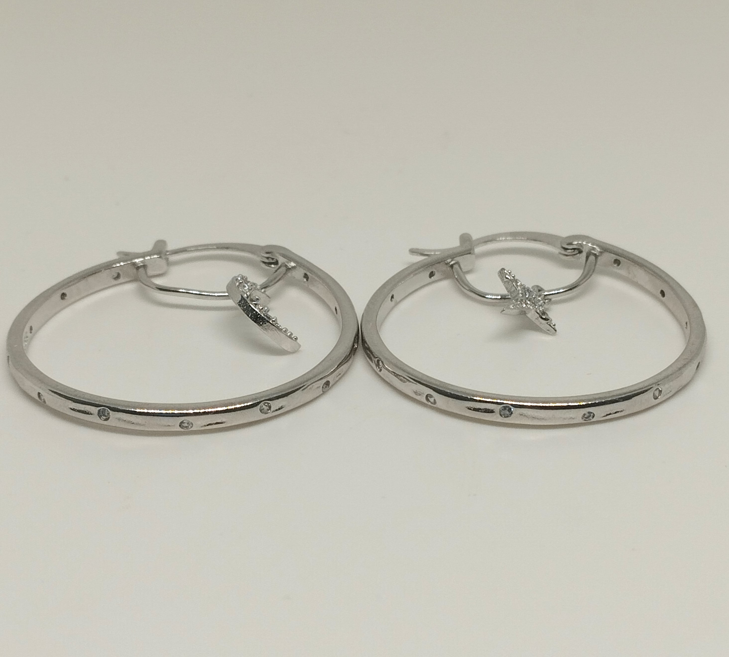 Sterling Silver Hoop Earrings with Dangling Star and Moon Clear Zircon Accent Hoops - £11.99