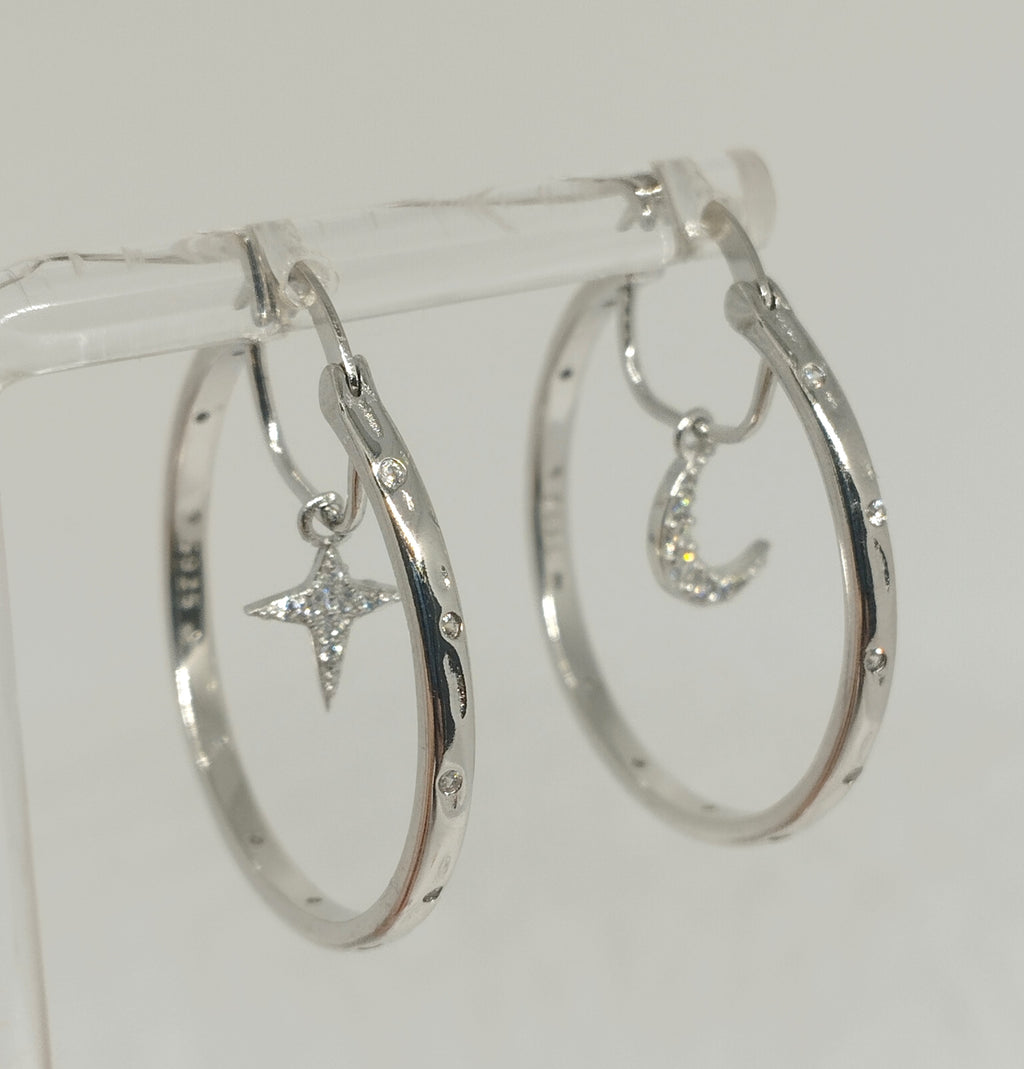 Sterling Silver Hoop Earrings with Dangling Star and Moon Clear Zircon Accent Hoops - £11.99