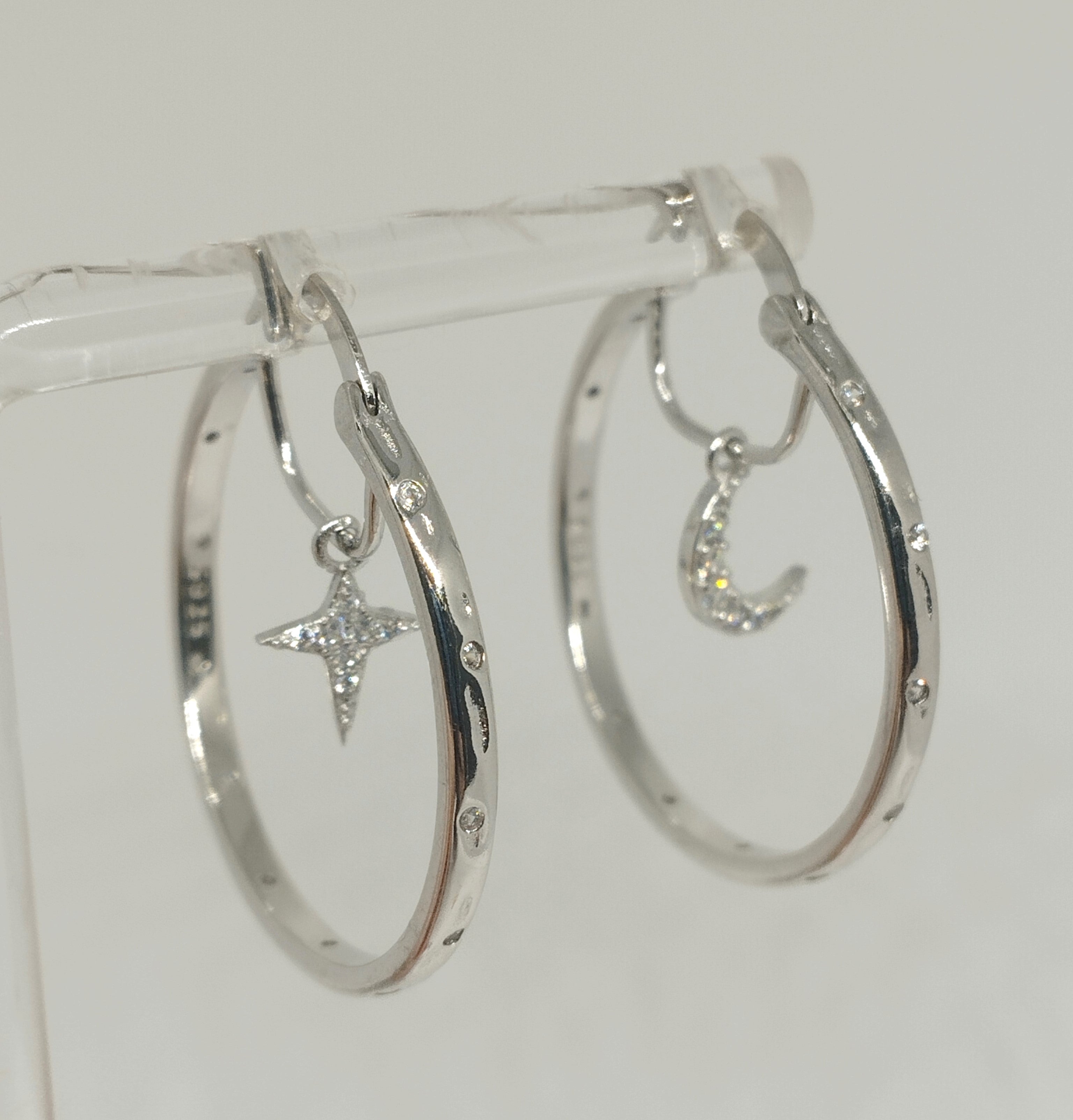 Sterling Silver Hoop Earrings with Dangling Star and Moon Clear Zircon Accent Hoops - £11.99