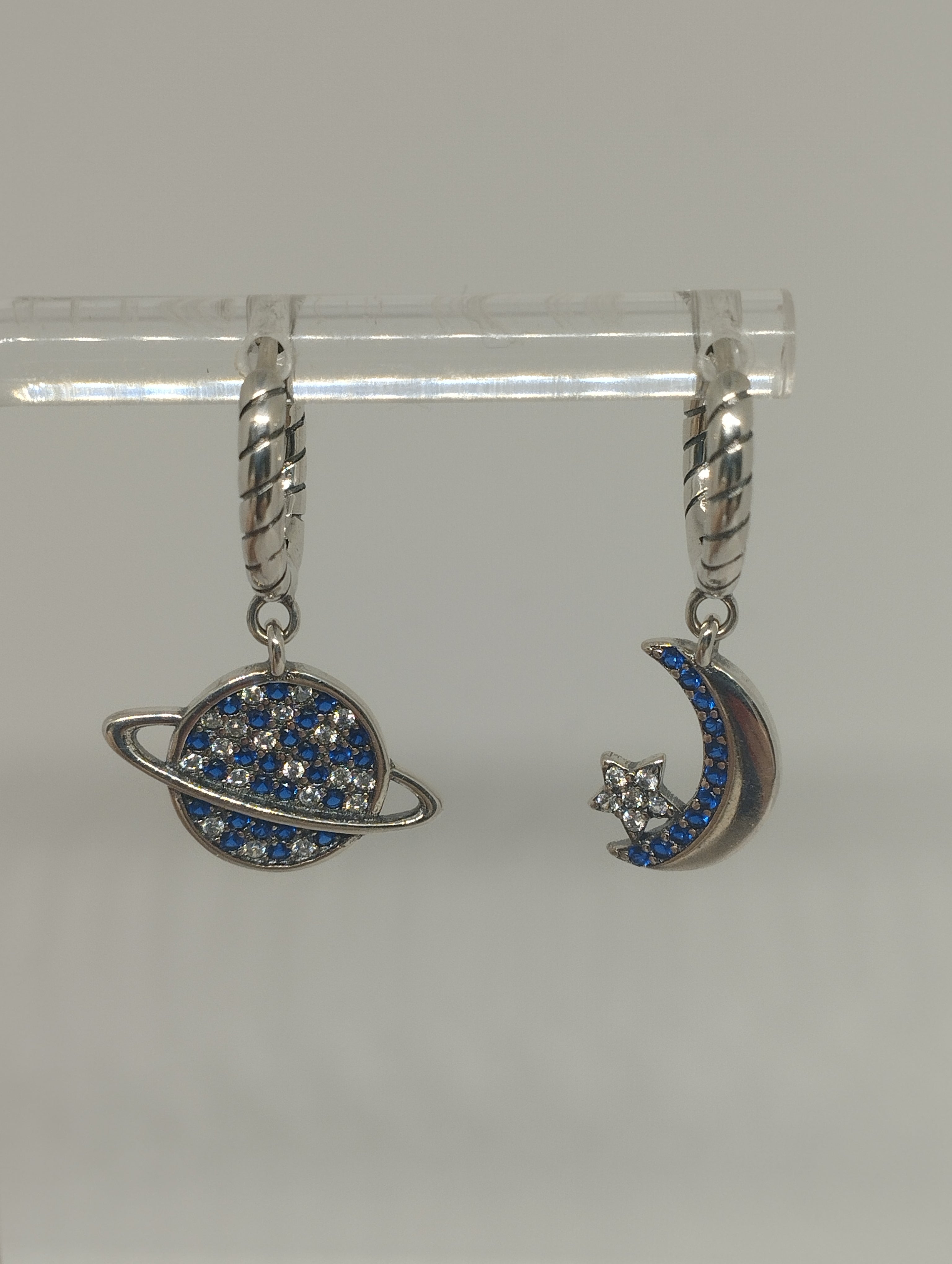 Mismatched Sterling Silver Planet and Crescent Moon Celestial Hoop Earrings with Blue Clear Zircon Detail