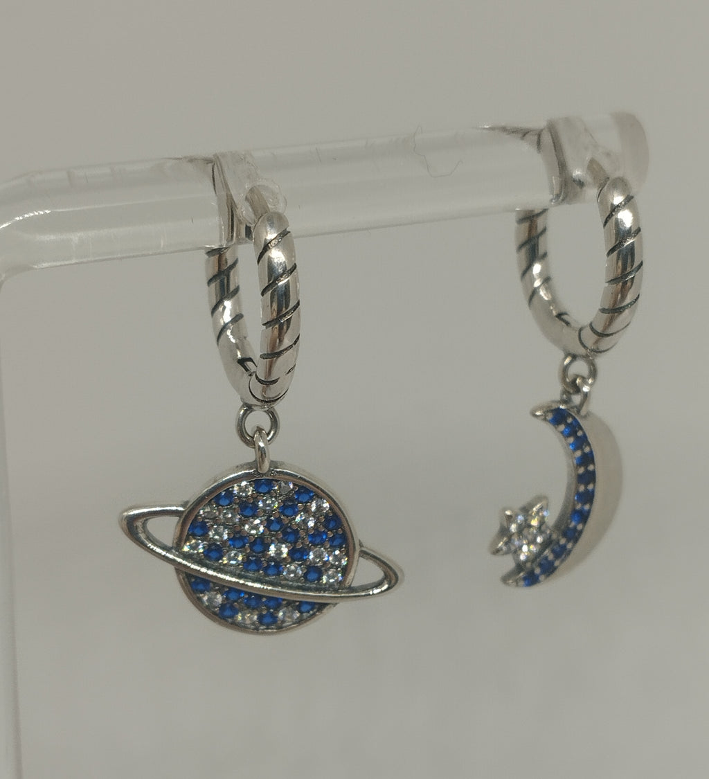 Mismatched Sterling Silver Planet and Crescent Moon Celestial Hoop Earrings with Blue Clear Zircon Detail