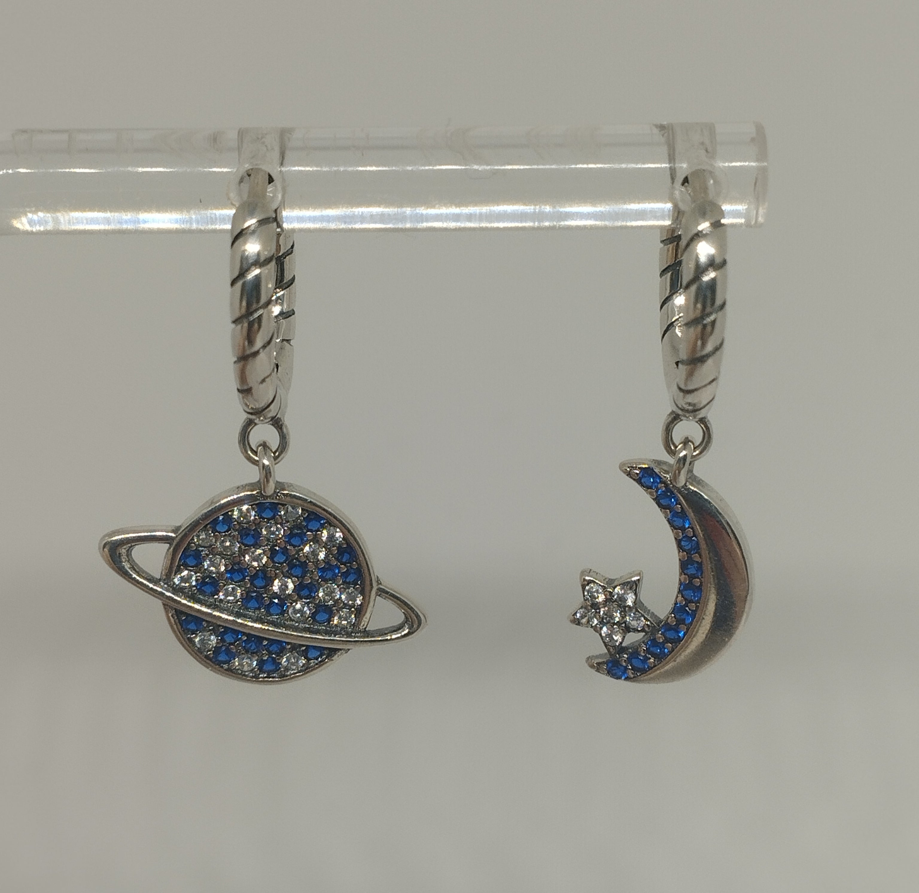 Mismatched Sterling Silver Planet and Crescent Moon Celestial Hoop Earrings with Blue Clear Zircon Detail