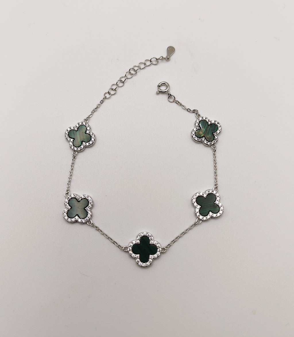 Delicate 925 Sterling Silver Green Mother of Pearl and Cubic Zirconia Clover Bracelet