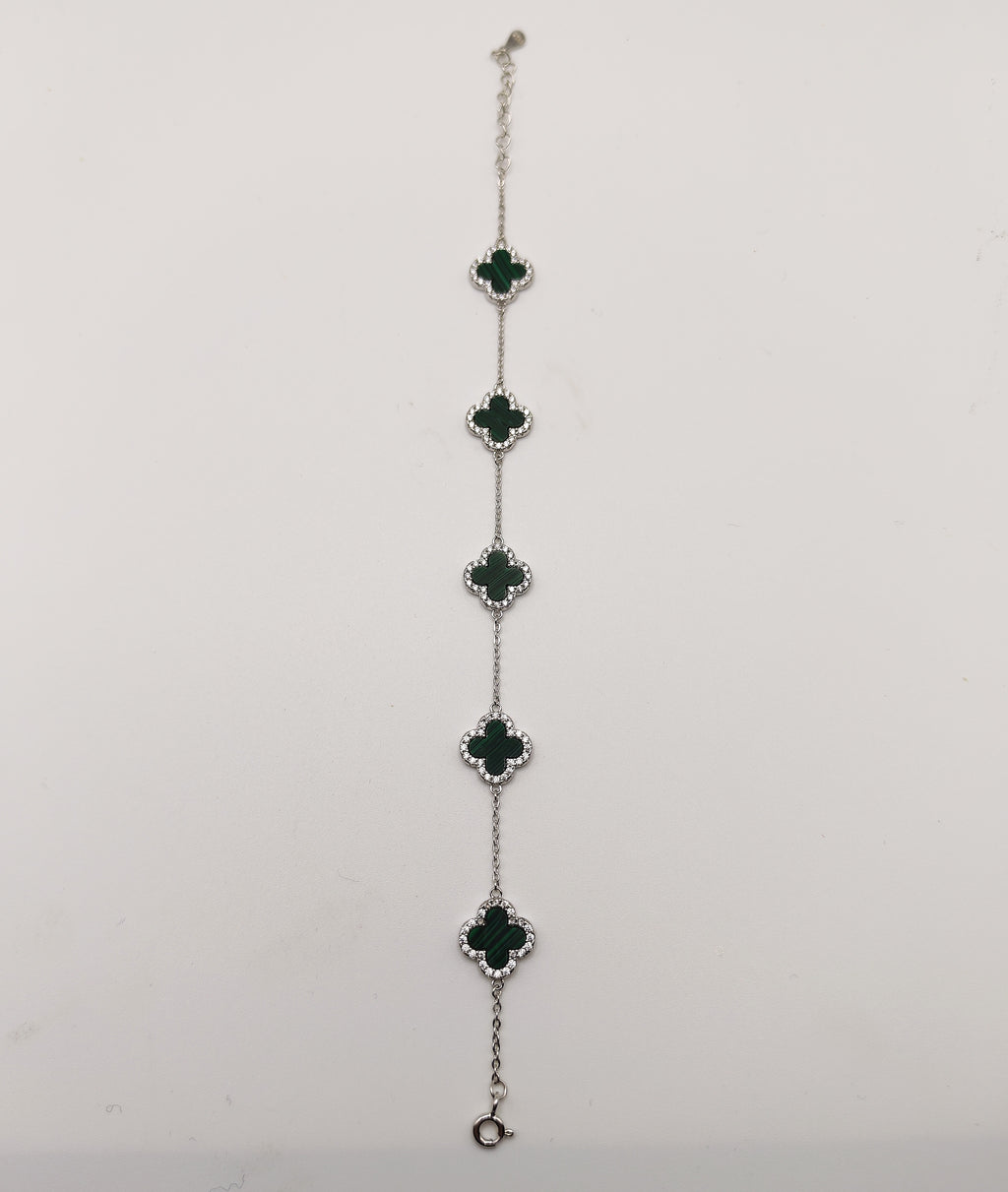 Delicate 925 Sterling Silver Green Mother of Pearl and Cubic Zirconia Clover Bracelet