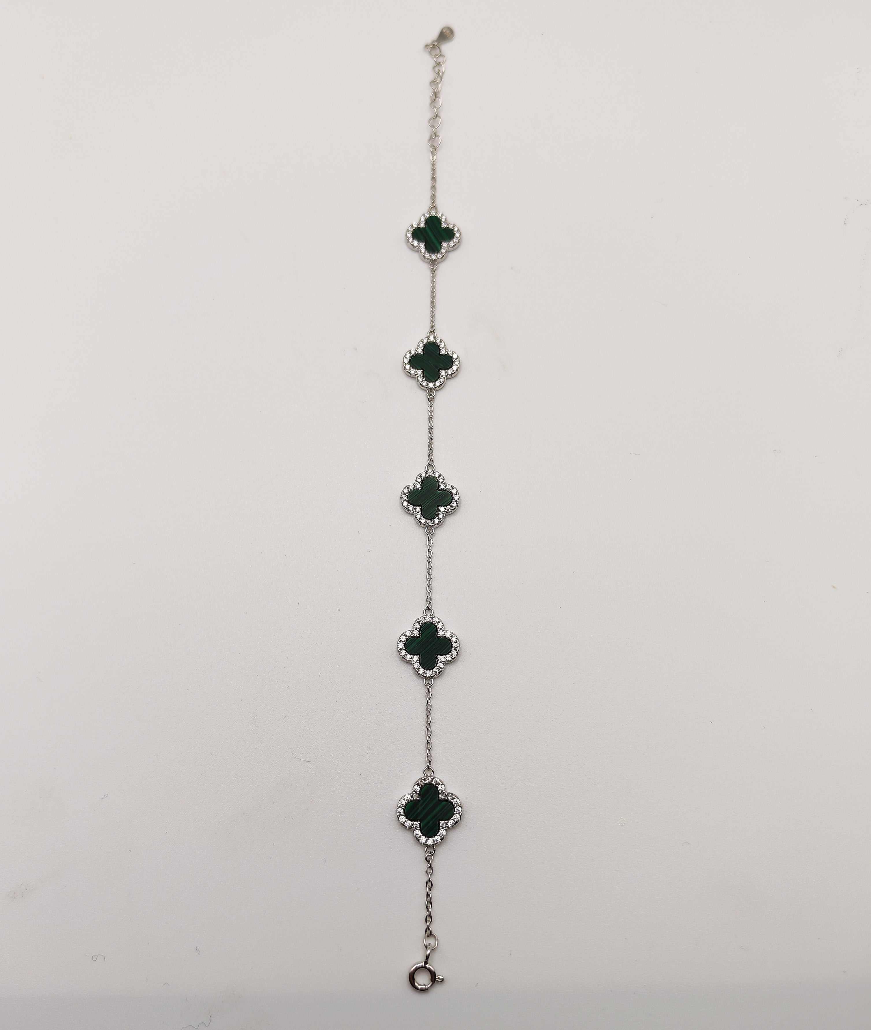 Delicate 925 Sterling Silver Green Mother of Pearl and Cubic Zirconia Clover Bracelet