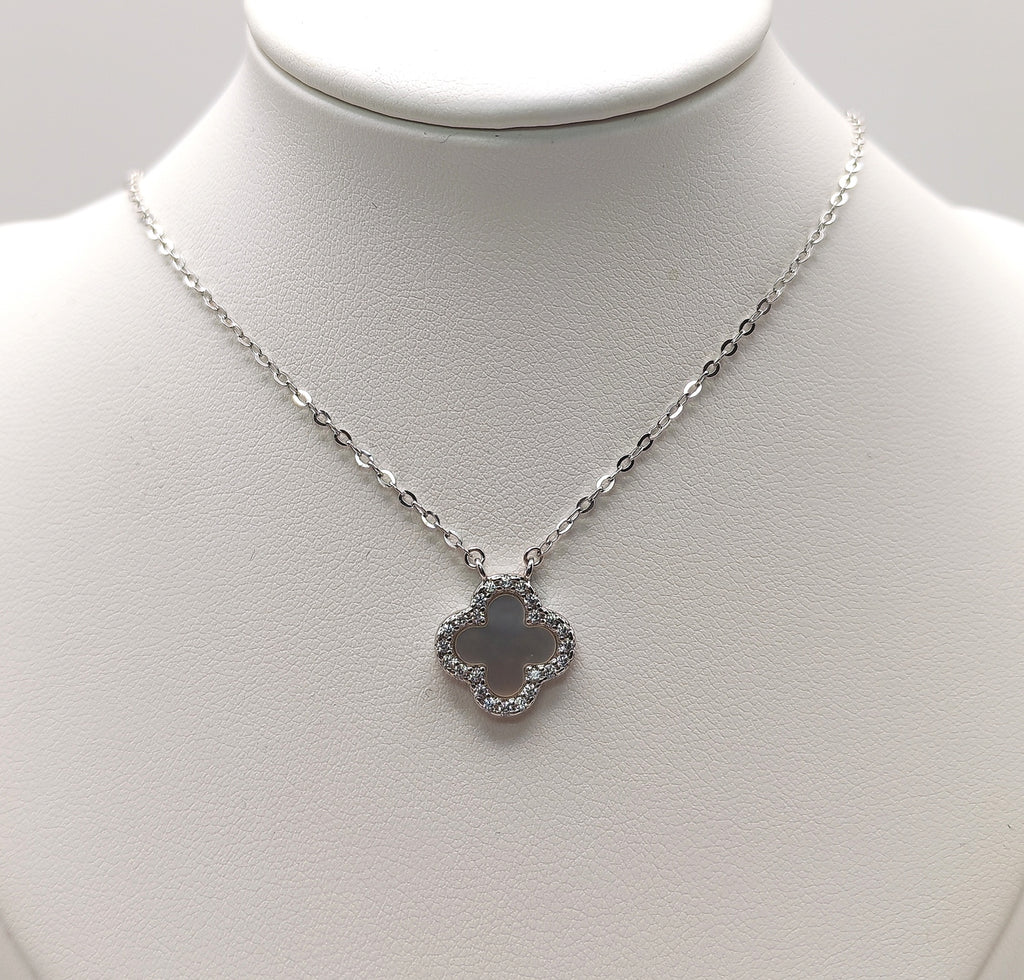 Delicate 925 Sterling Silver White Mother of Pearl and Cubic Zirconia Clover Necklace