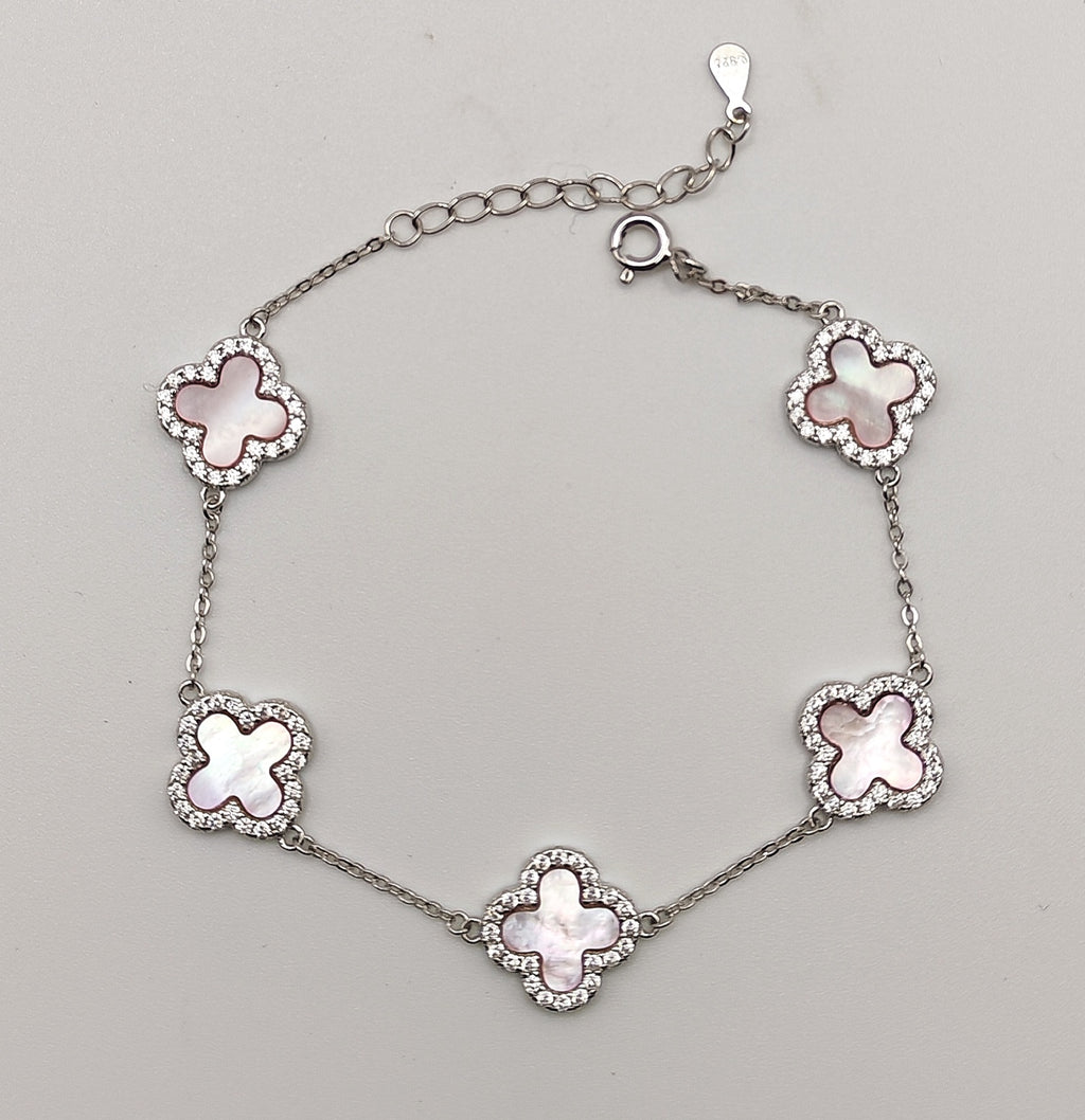 Delicate 925 Sterling Silver Pink Mother of Pearl and Cubic Zirconia Clover Bracelet