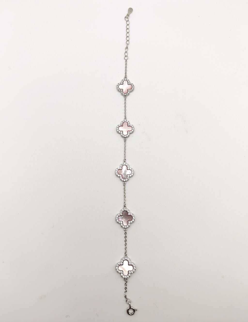 Delicate 925 Sterling Silver Pink Mother of Pearl and Cubic Zirconia Clover Bracelet