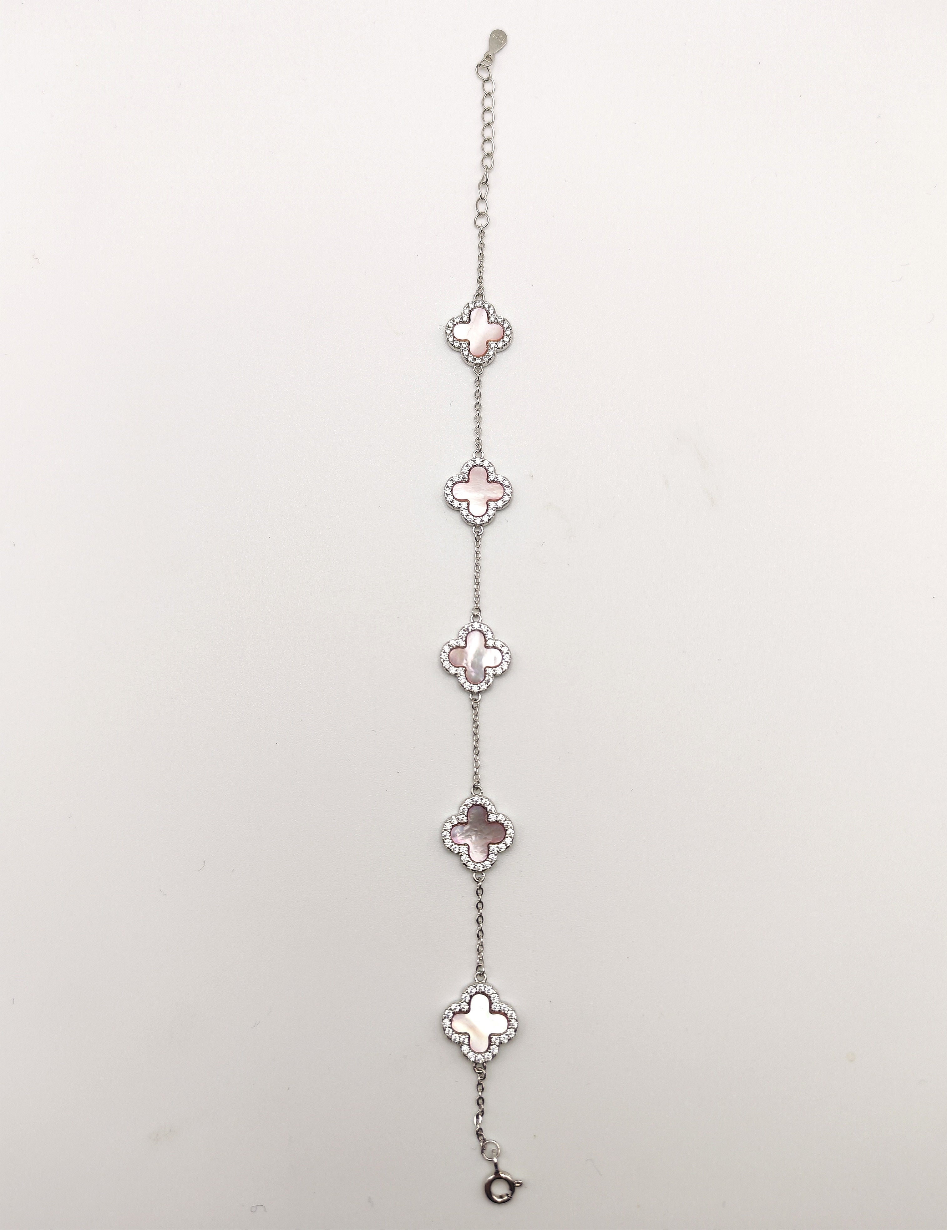 Delicate 925 Sterling Silver Pink Mother of Pearl and Cubic Zirconia Clover Bracelet