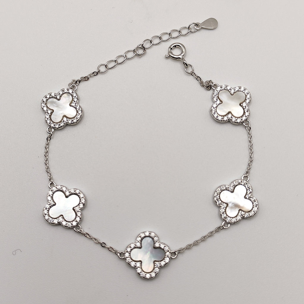 Delicate 925 Sterling Silver White Mother of Pearl and Cubic Zirconia Clover Bracelet
