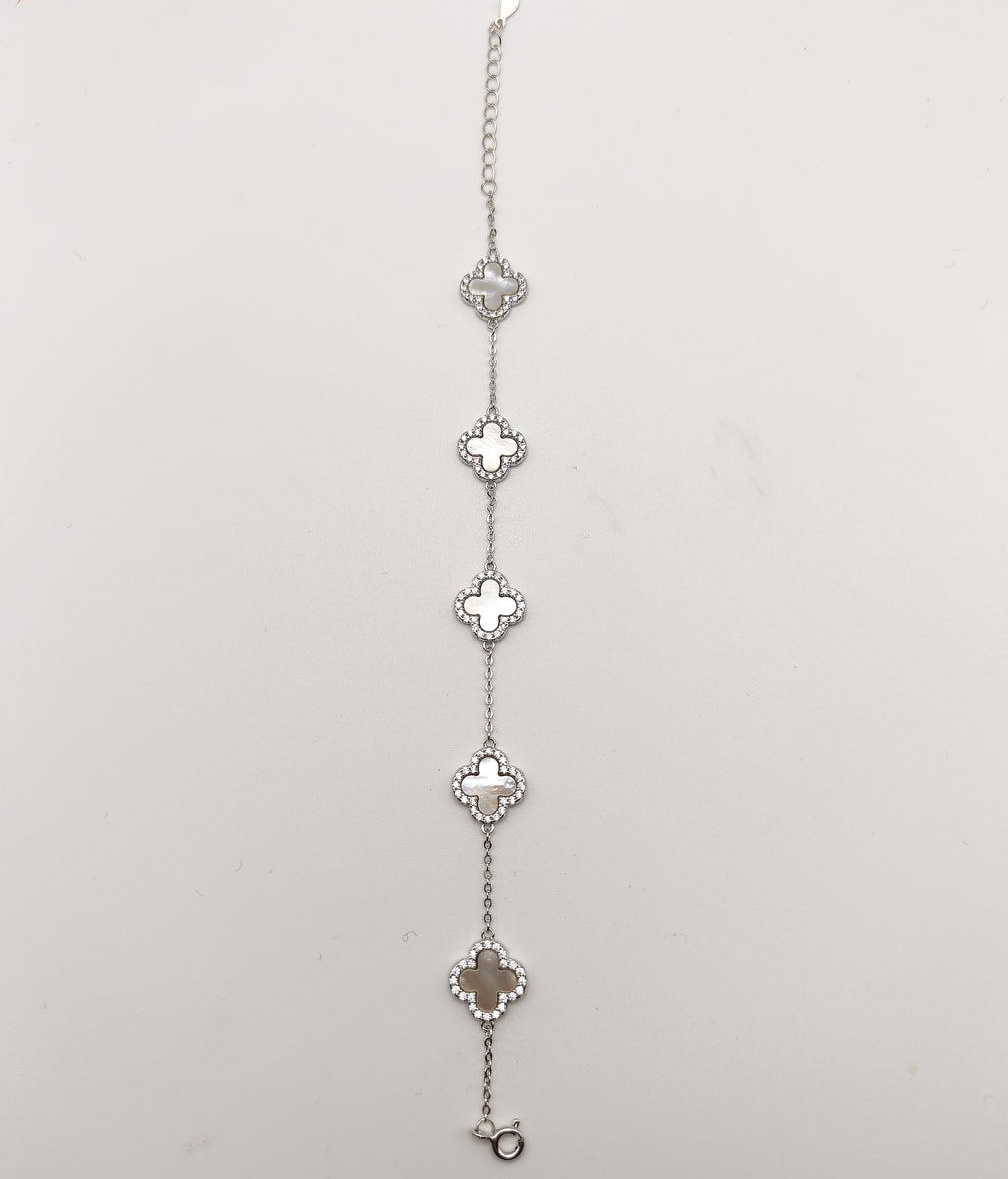 Delicate 925 Sterling Silver White Mother of Pearl and Cubic Zirconia Clover Bracelet