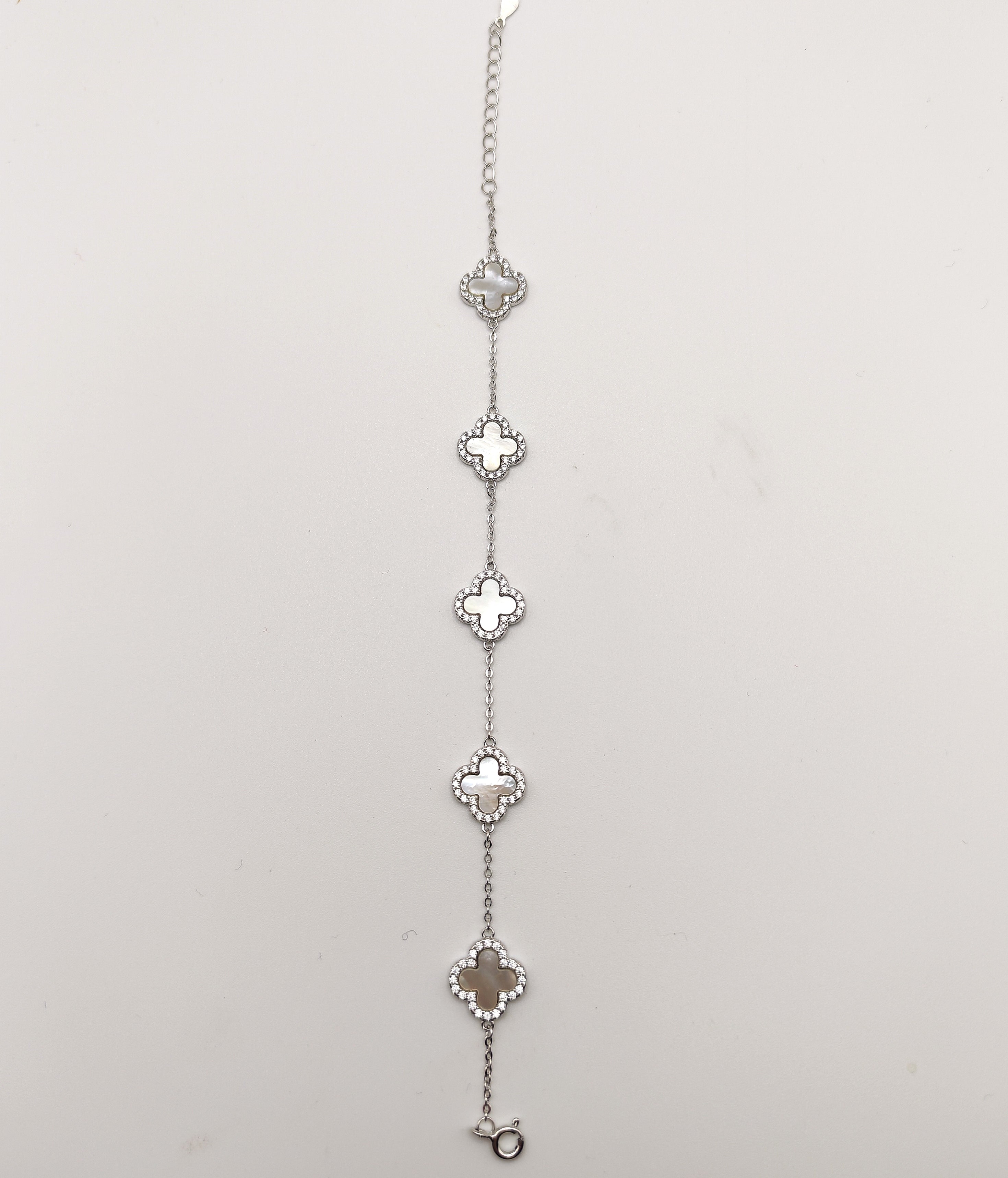 Delicate 925 Sterling Silver White Mother of Pearl and Cubic Zirconia Clover Bracelet