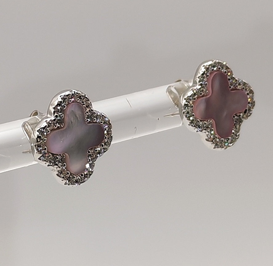 925 Sterling Silver Pink Stud Clover Earrings