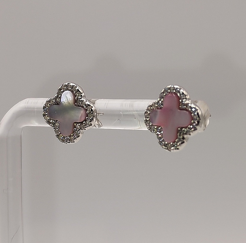 925 Sterling Silver Pink Stud Clover Earrings