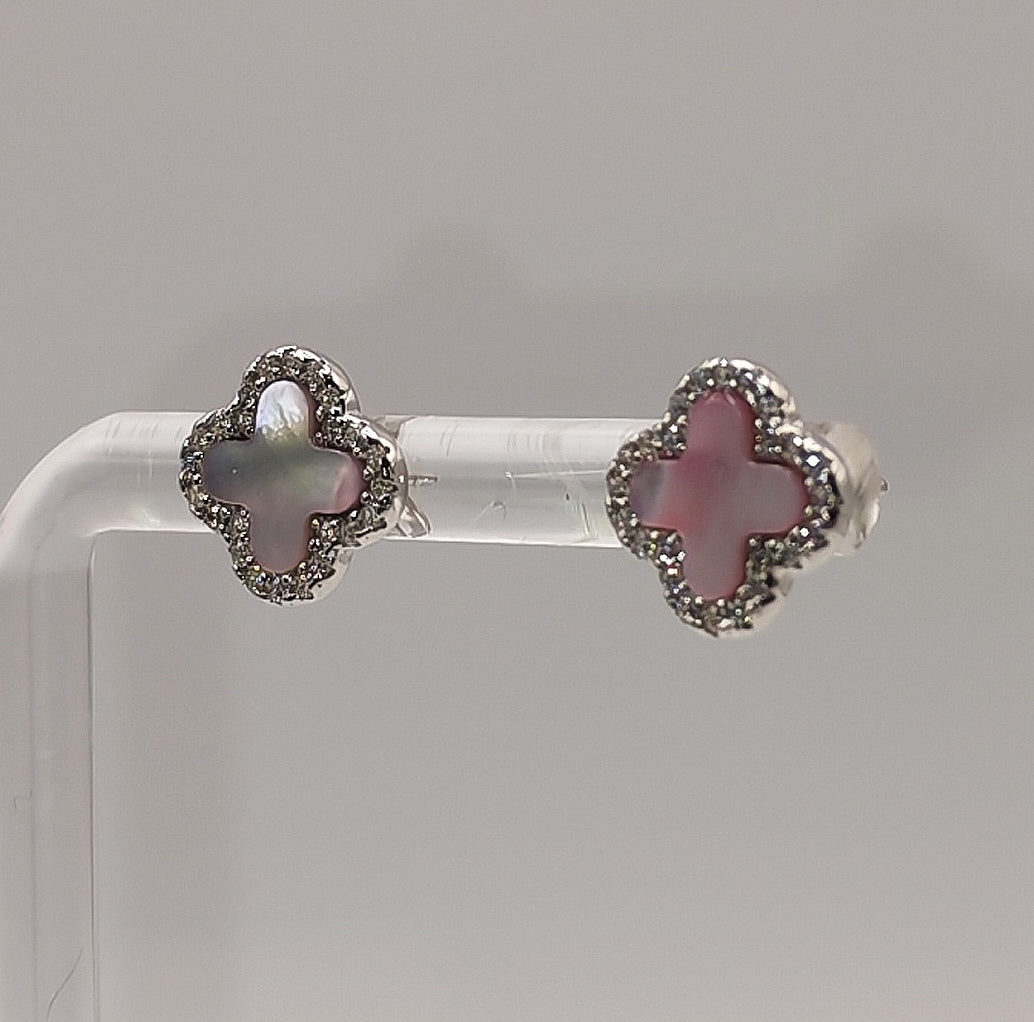 925 Sterling Silver Pink Stud Clover Earrings