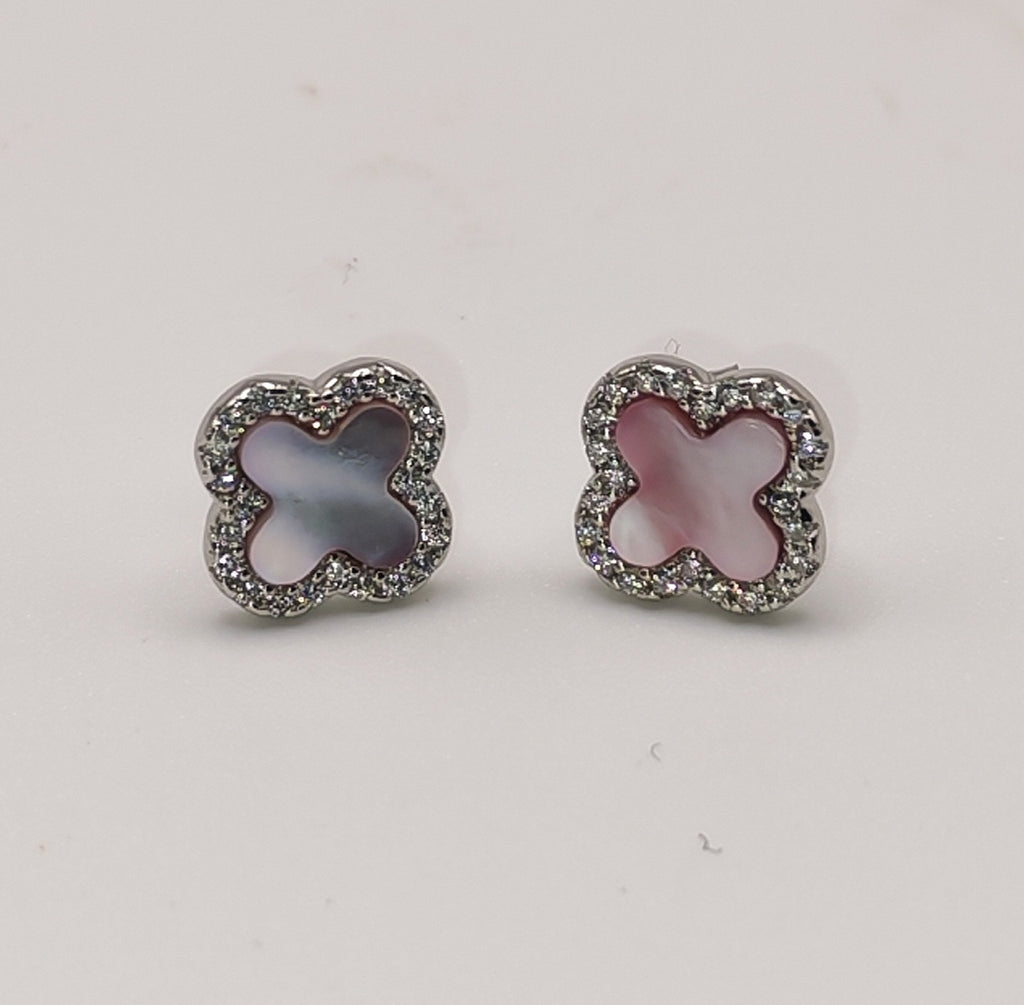 925 Sterling Silver Pink Stud Clover Earrings
