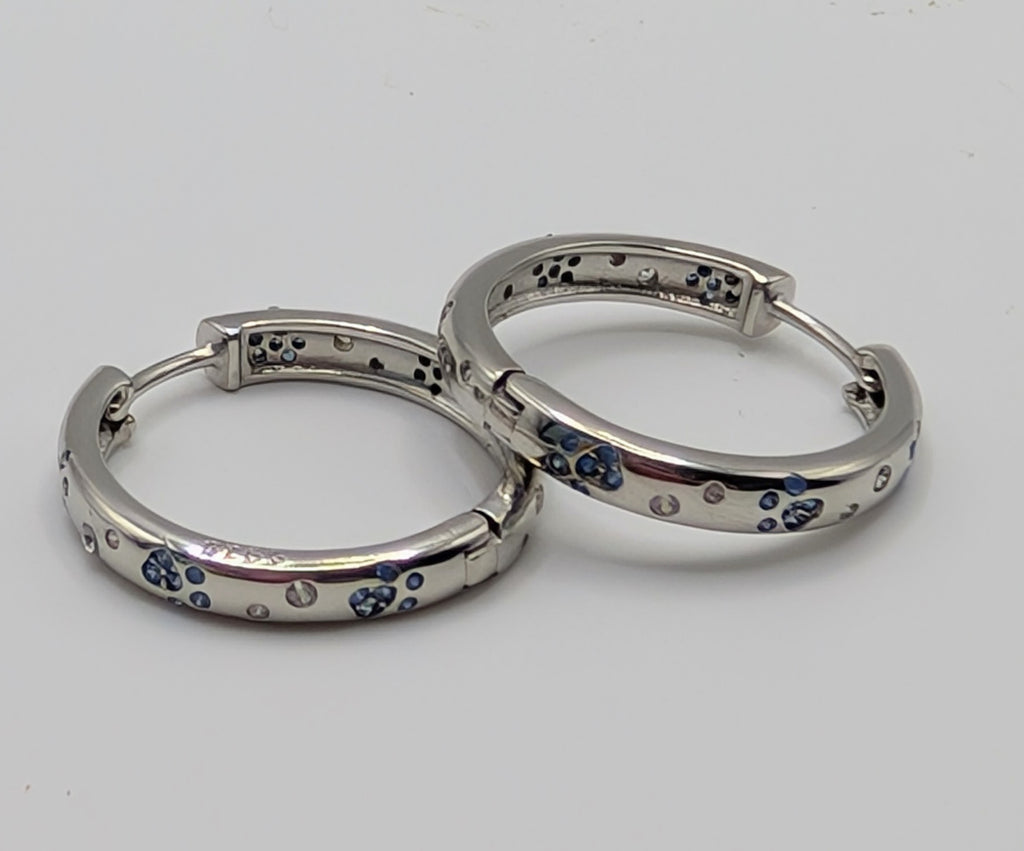 Blue Paw Print Sterling Silver Hoop Earrings