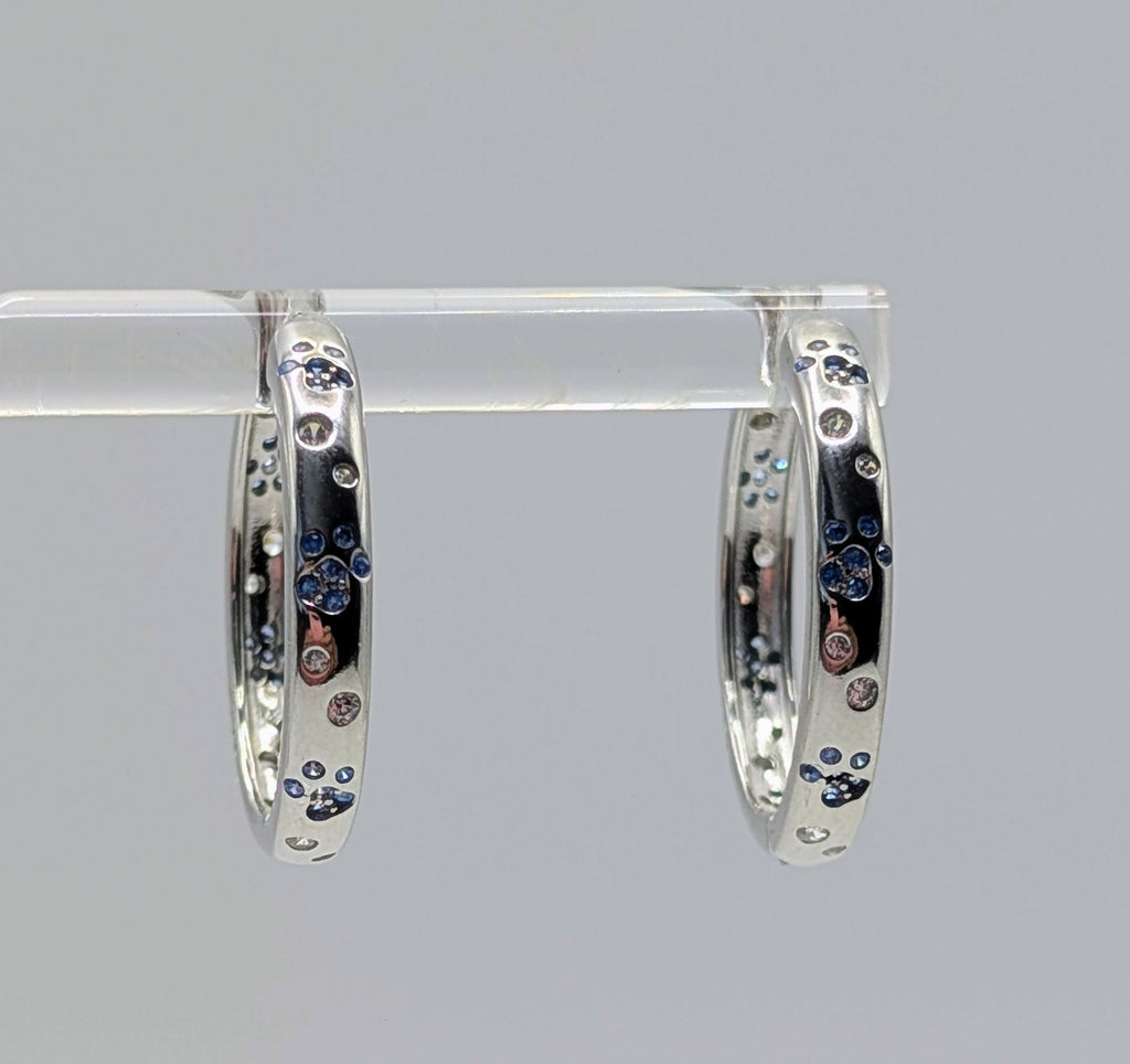 Blue Paw Print Sterling Silver Hoop Earrings