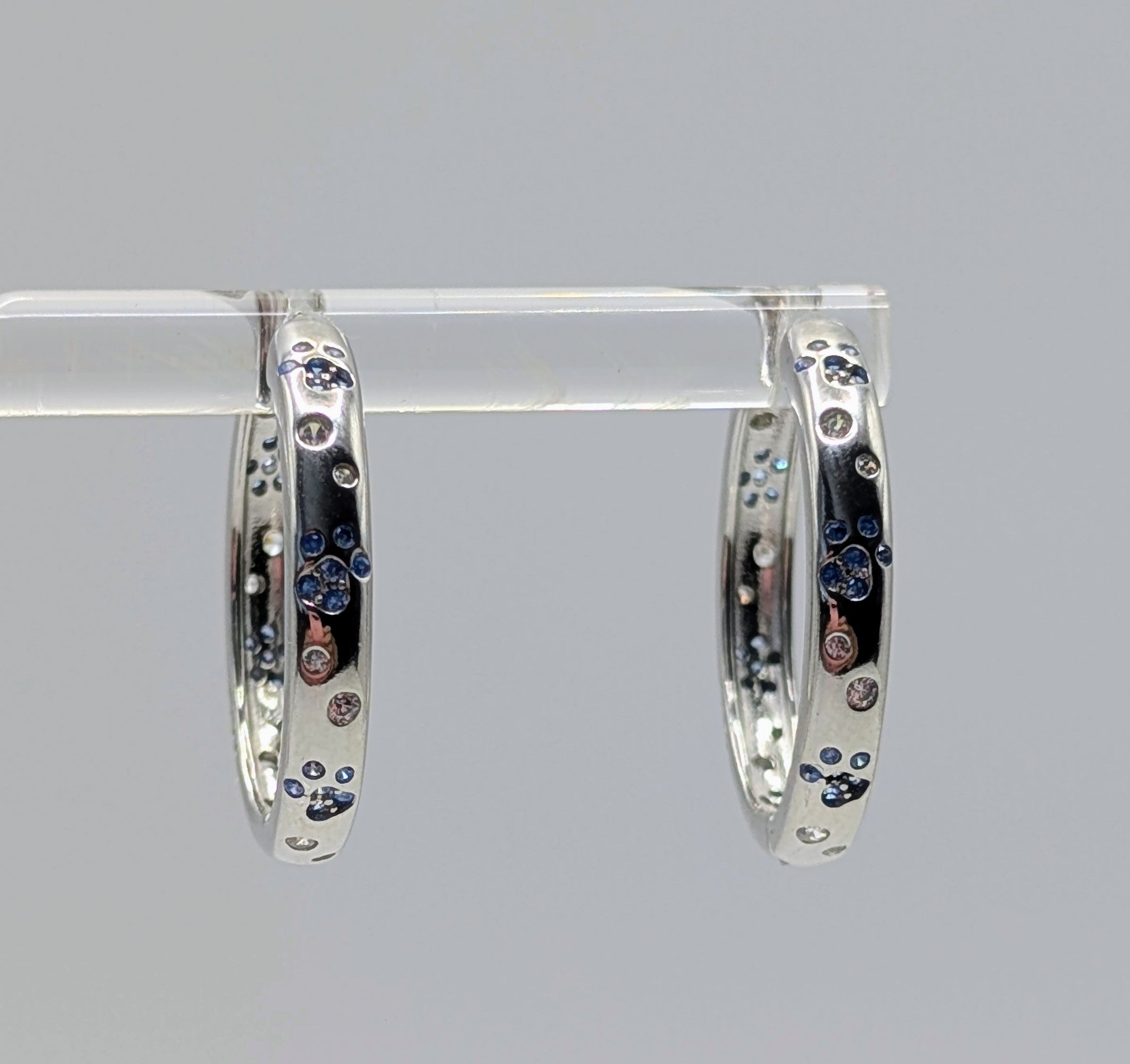 Blue Paw Print Sterling Silver Hoop Earrings