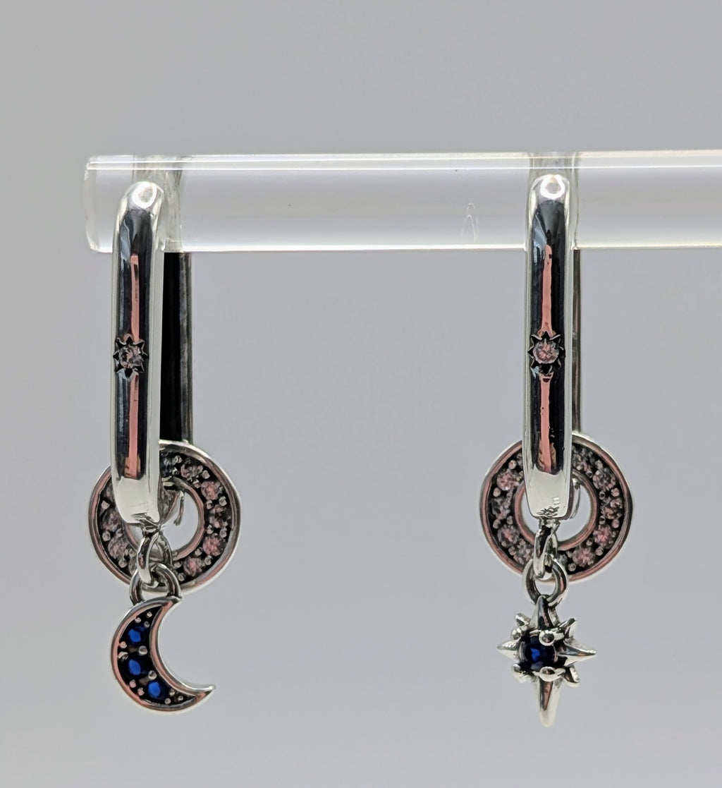 Sun star charm with blue stone on sterling silver celestial hoop earring