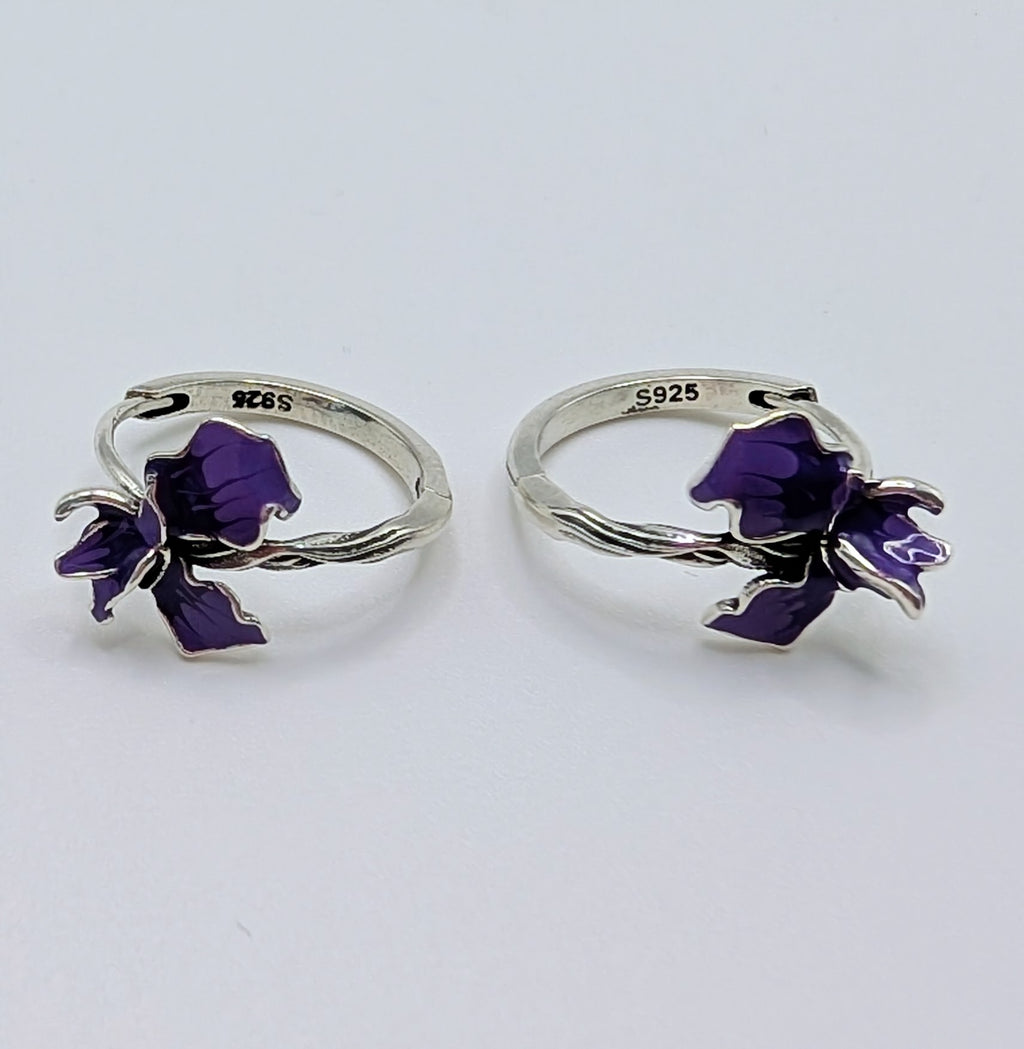 Purple enamel iris flower charm on sterling silver hoop earring