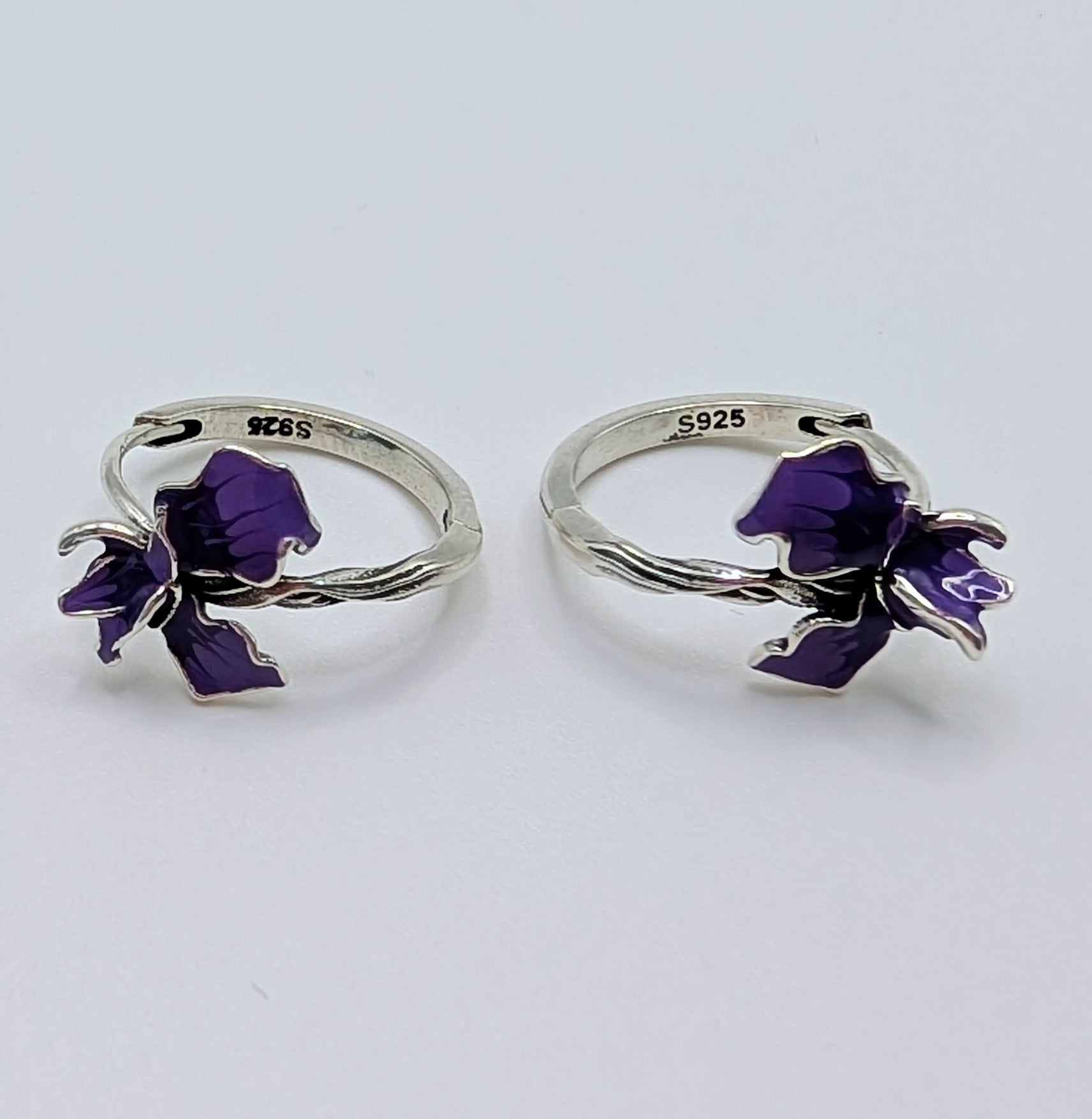Purple enamel iris flower charm on sterling silver hoop earring