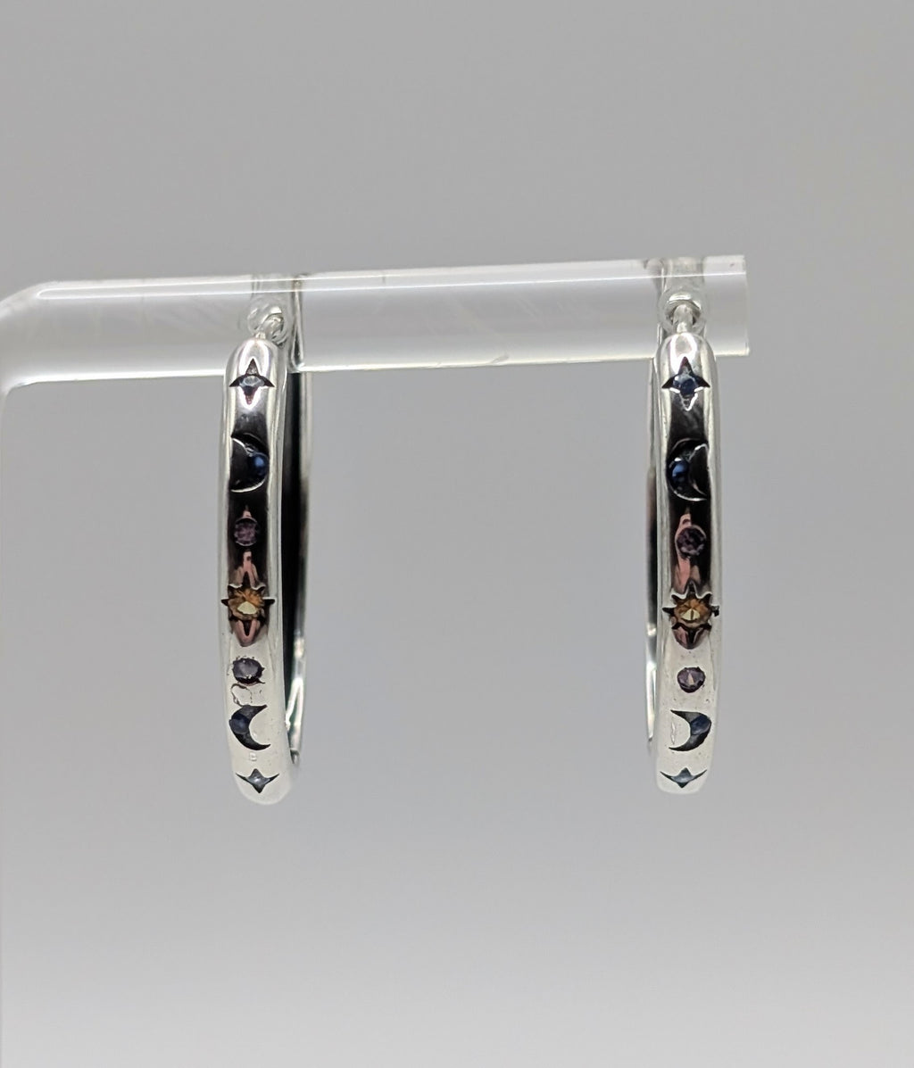 Sterling Silver Mid-sized Moon and Star Hoop Earrings with Clear, Blue & Orange Zirconia's