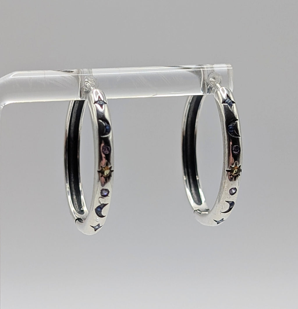 Sterling Silver Mid-sized Moon and Star Hoop Earrings with Clear, Blue & Orange Zirconia's