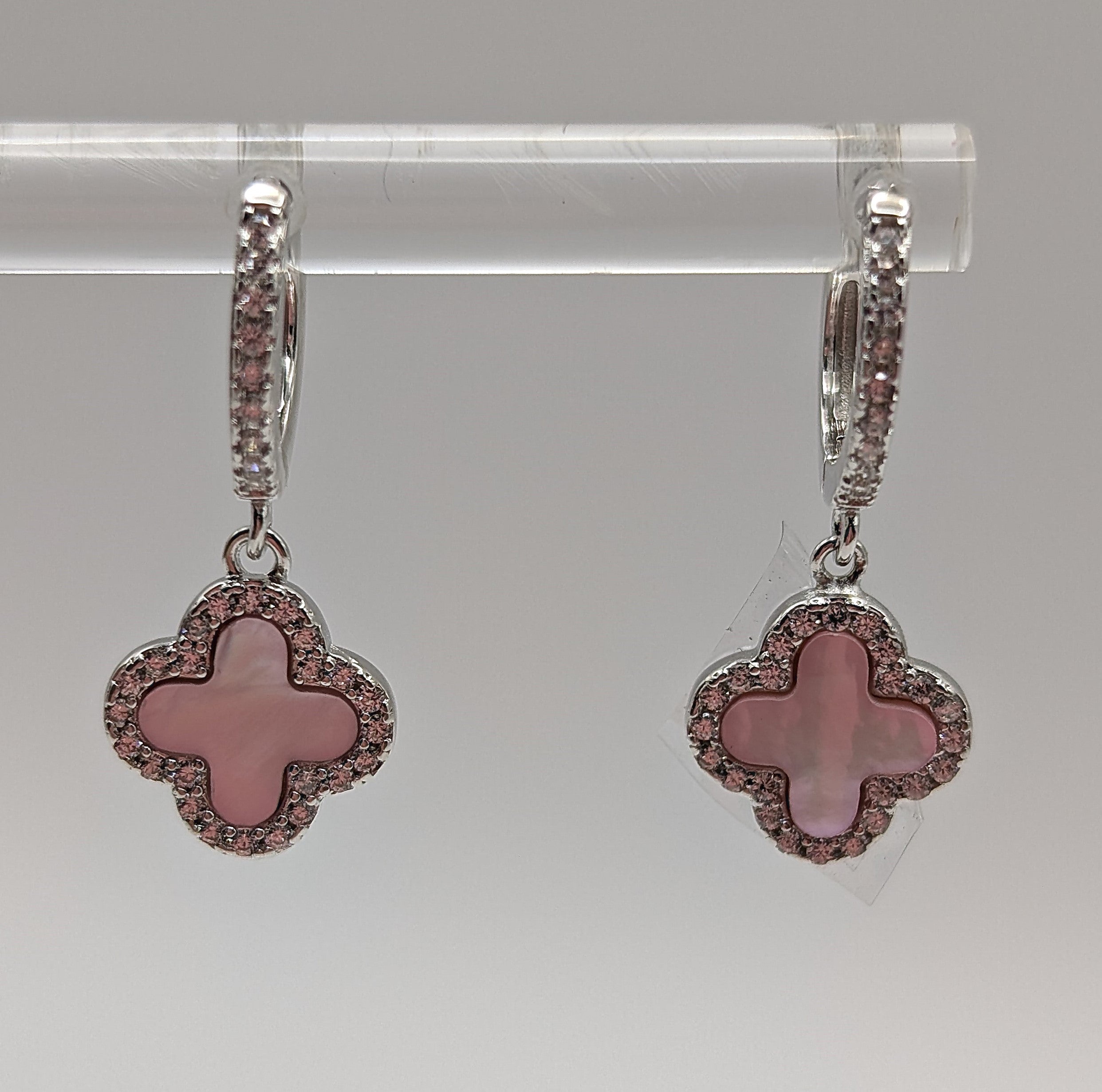 925 Sterling Silver Pink Clover Drop Earrings