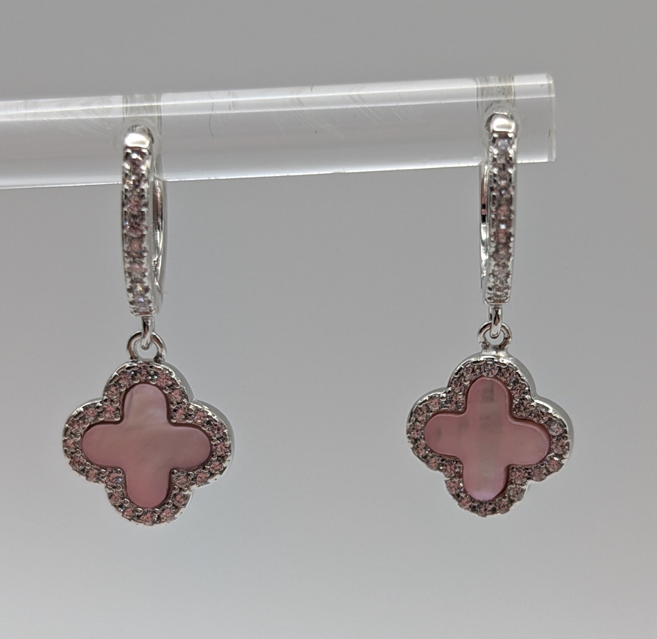 925 Sterling Silver Pink Clover Drop Earrings