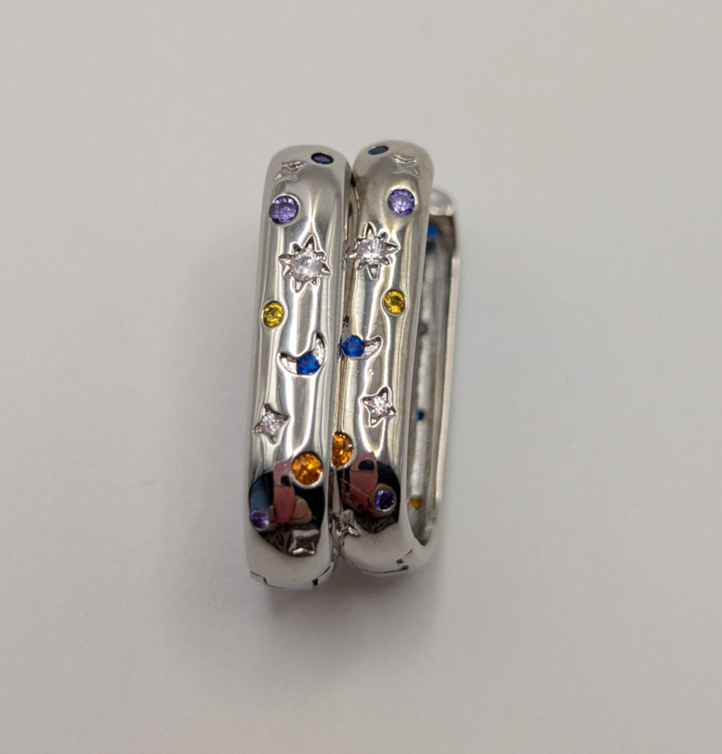 Sterling Silver Moon & Star Oblong Hoop Earrings with Blue, Clear and Orange Zirconia Stones