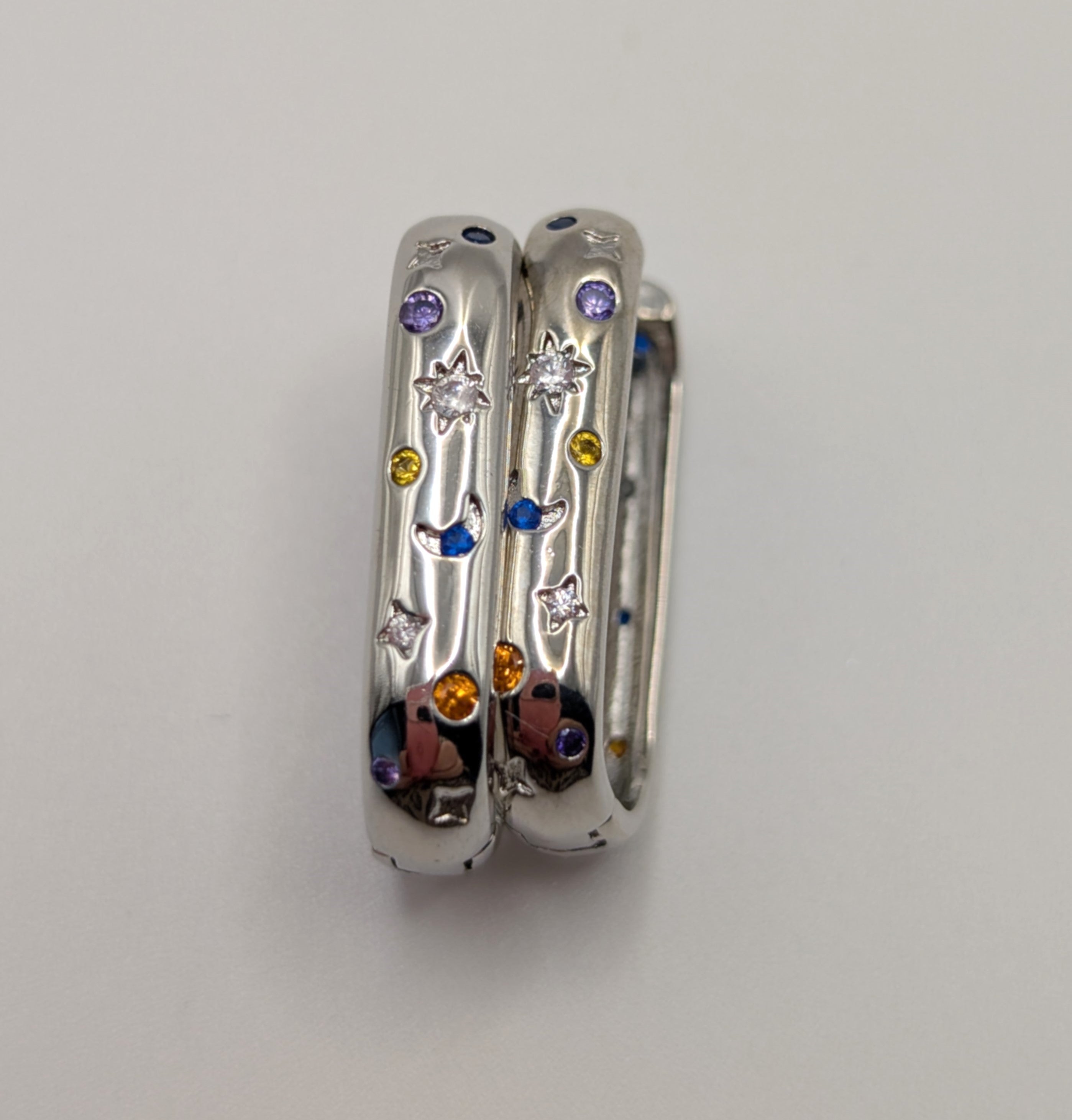 Sterling Silver Moon & Star Oblong Hoop Earrings with Blue, Clear and Orange Zirconia Stones