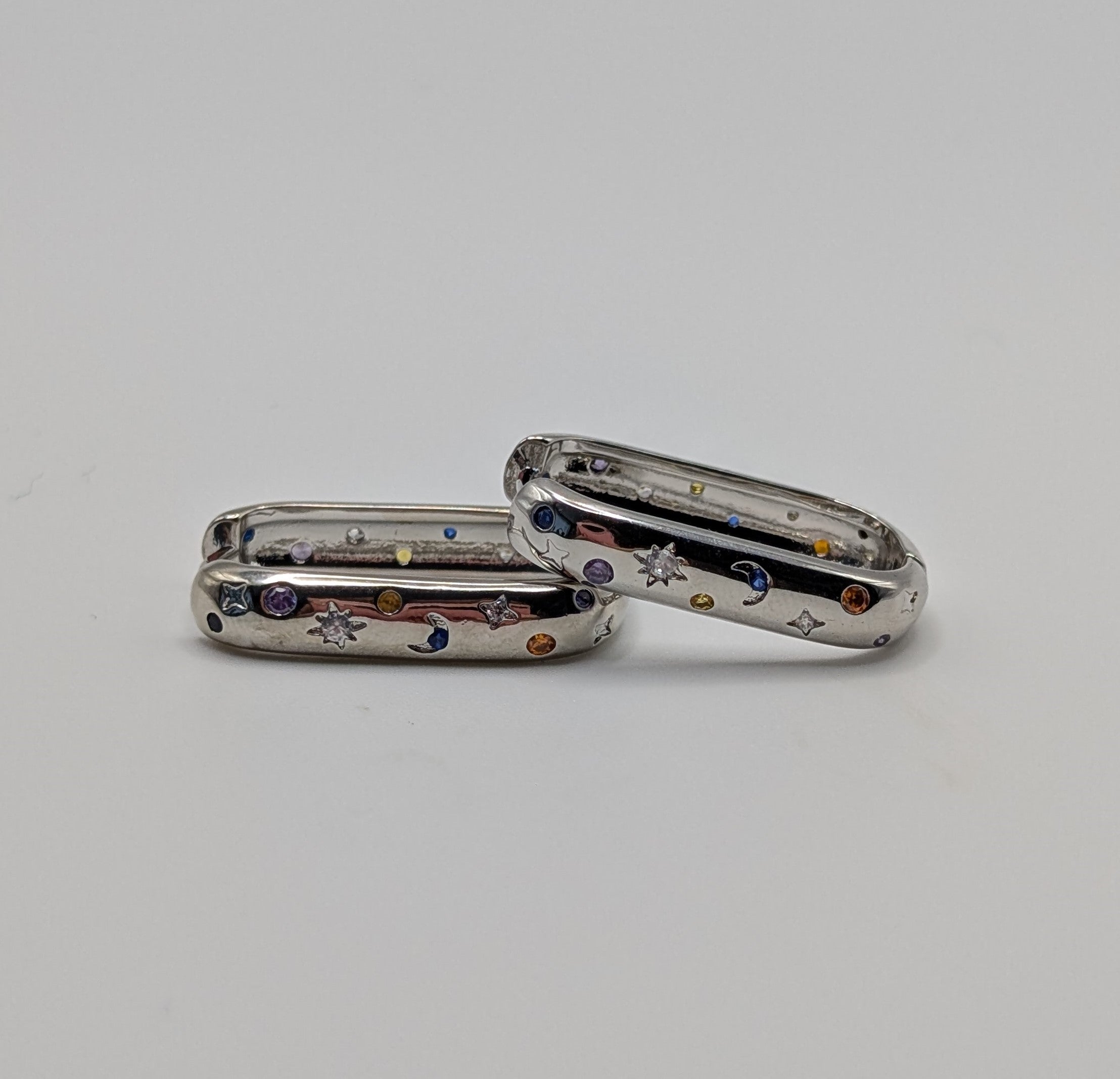 Sterling Silver Moon & Star Oblong Hoop Earrings with Blue, Clear and Orange Zirconia Stones