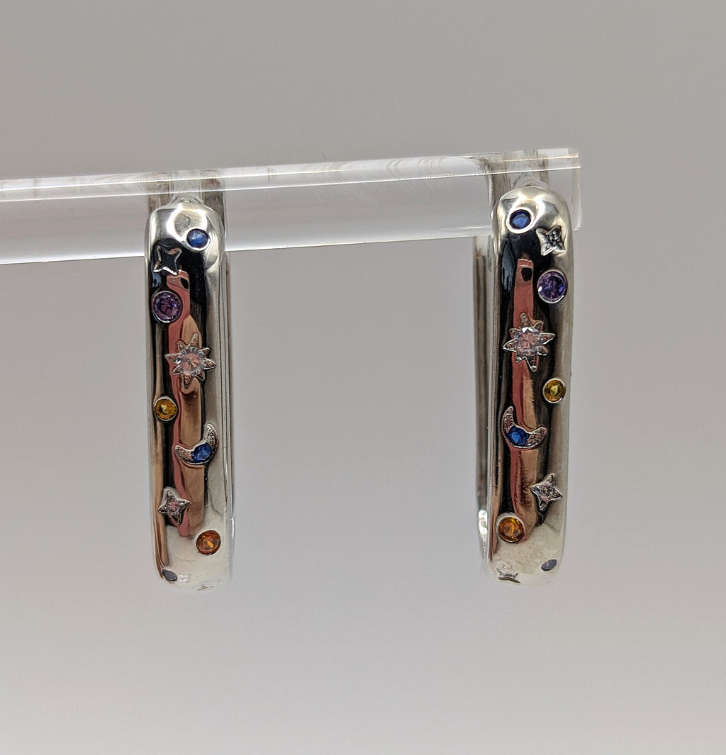 Sterling Silver Moon & Star Oblong Hoop Earrings with Blue, Clear and Orange Zirconia Stones