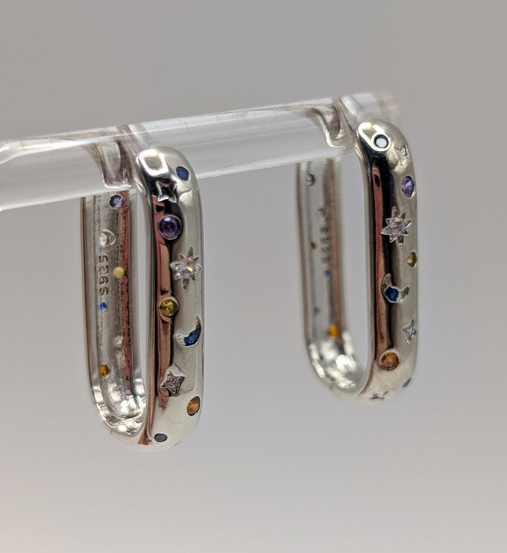 Sterling Silver Moon & Star Oblong Hoop Earrings with Blue, Clear and Orange Zirconia Stones