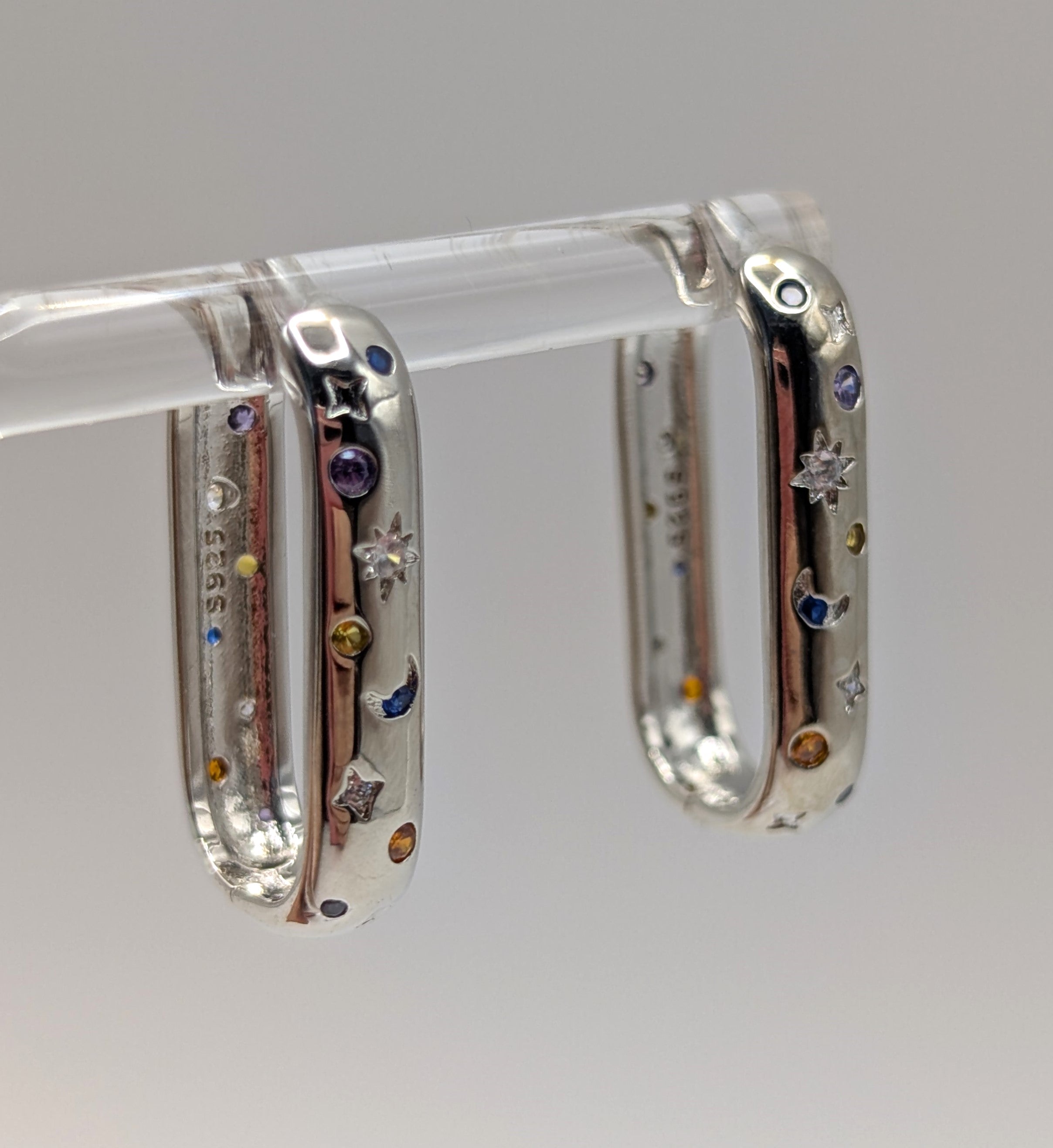 Sterling Silver Moon & Star Oblong Hoop Earrings with Blue, Clear and Orange Zirconia Stones