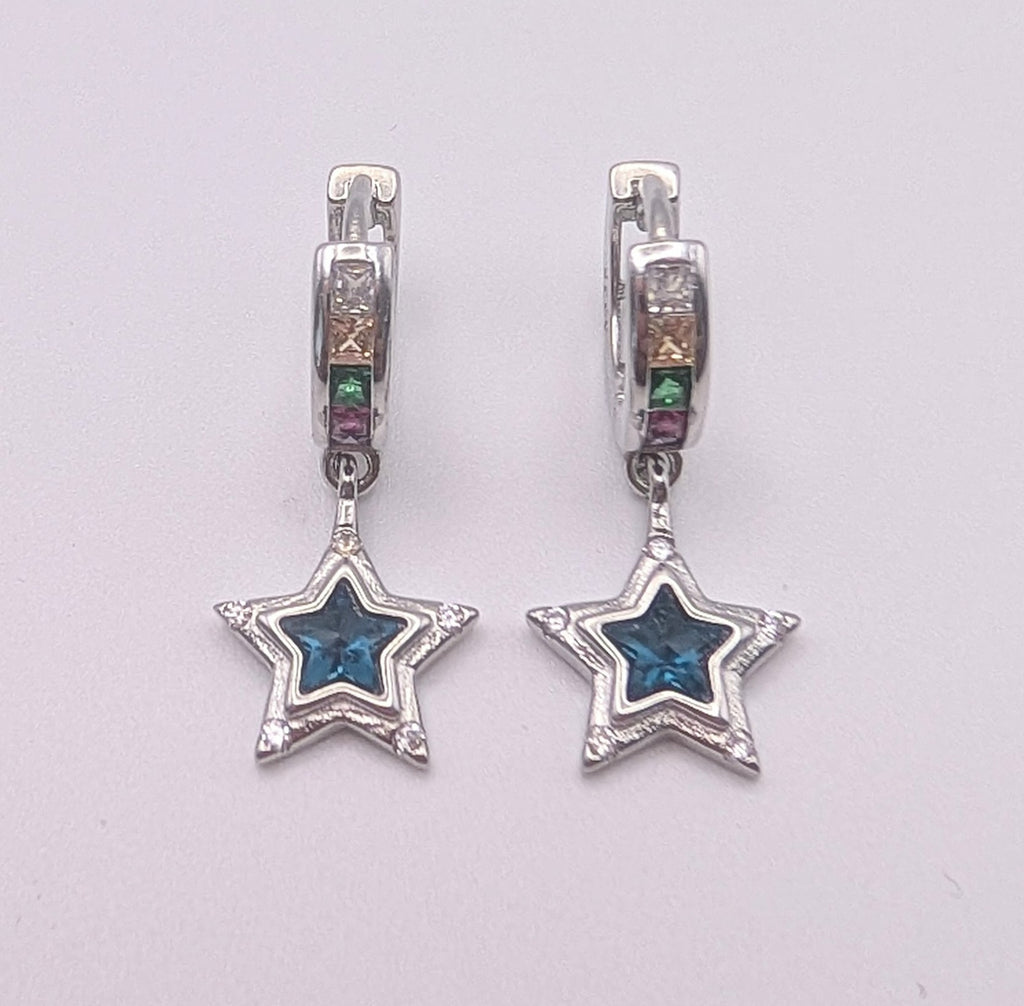 925 Sterling Silver Blue Star Crystal Hoop Earrings