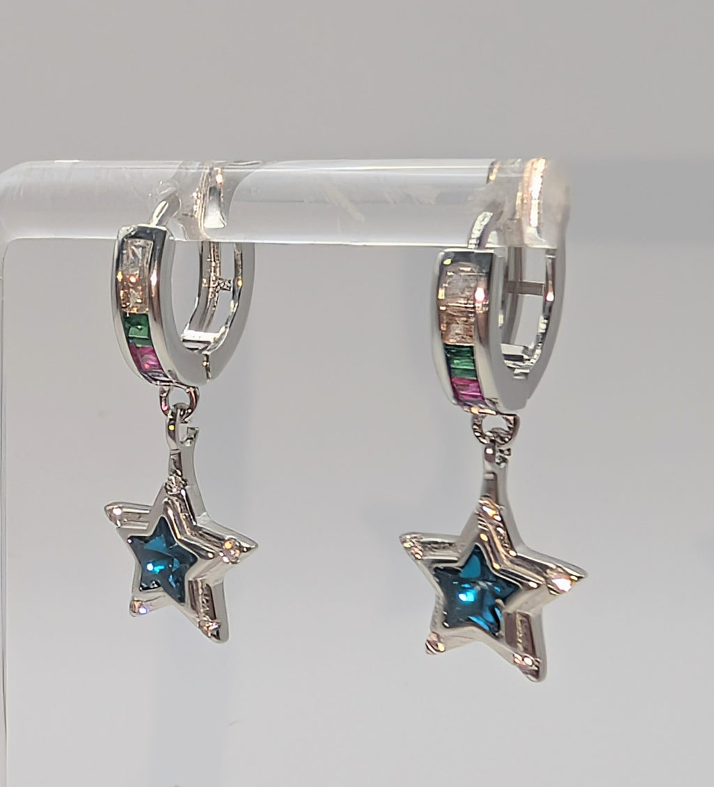 925 Sterling Silver Blue Star Crystal Hoop Earrings
