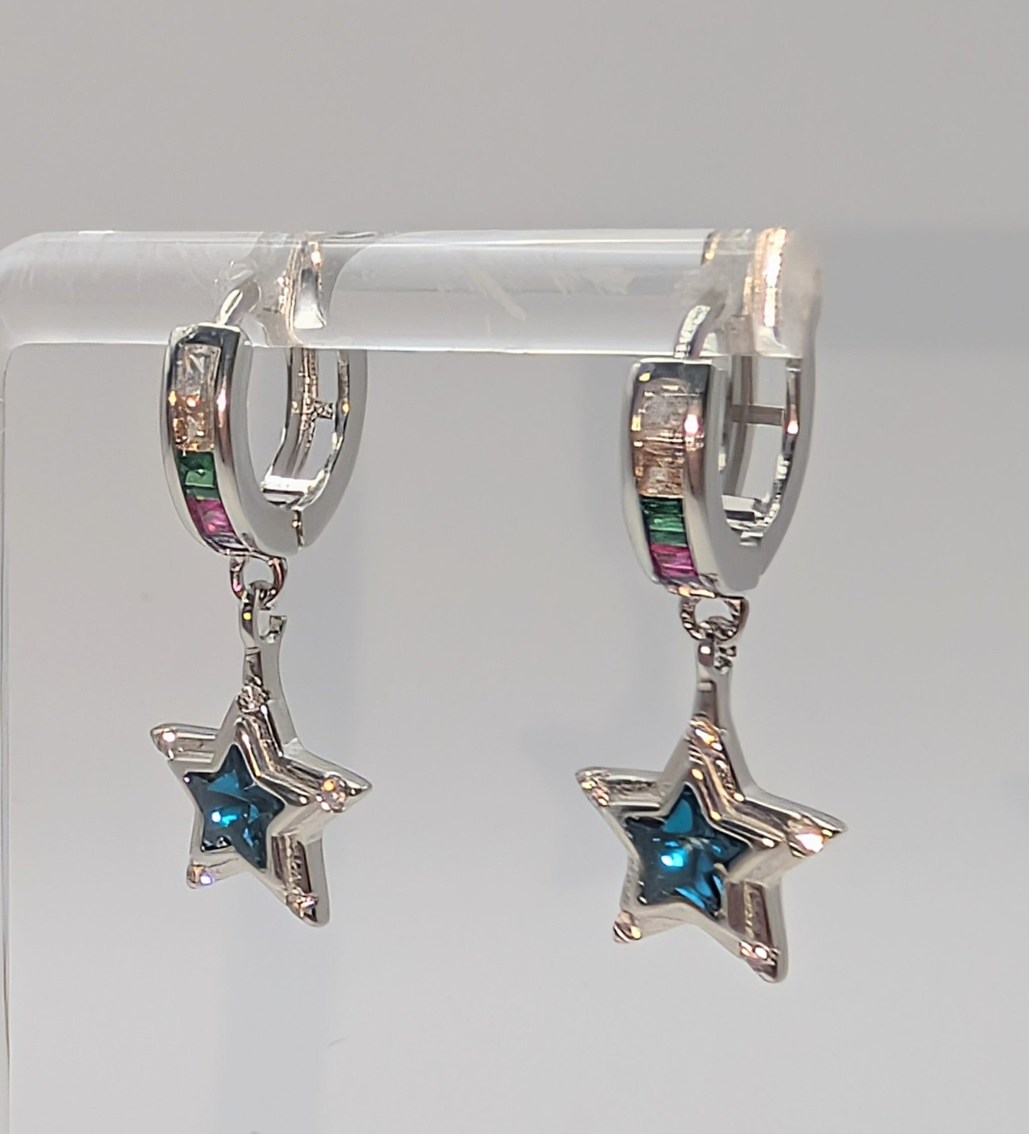 925 Sterling Silver Blue Star Crystal Hoop Earrings