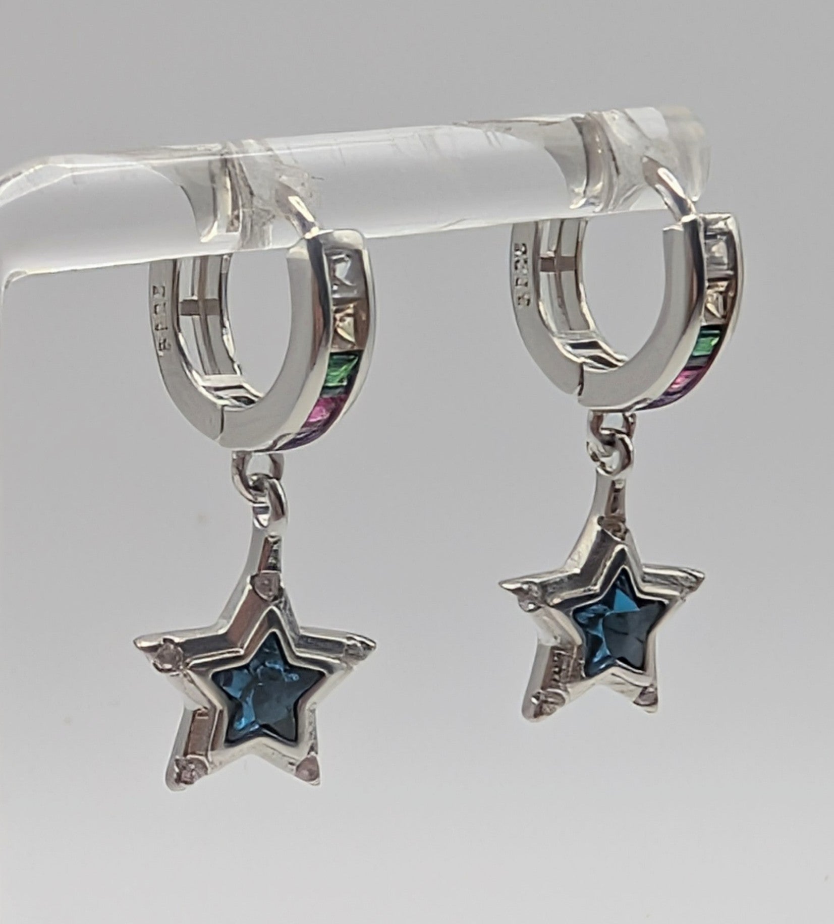 925 Sterling Silver Blue Star Crystal Hoop Earrings