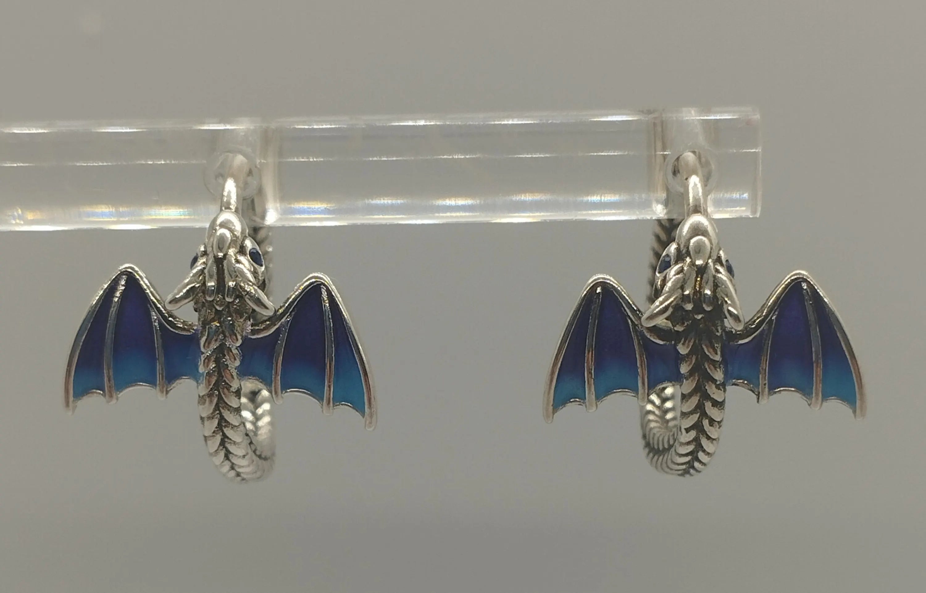 Sterling Silver Hoop Earrings with Blue Ceramic Bat Wings Unusual Artistic Statement Jewellery