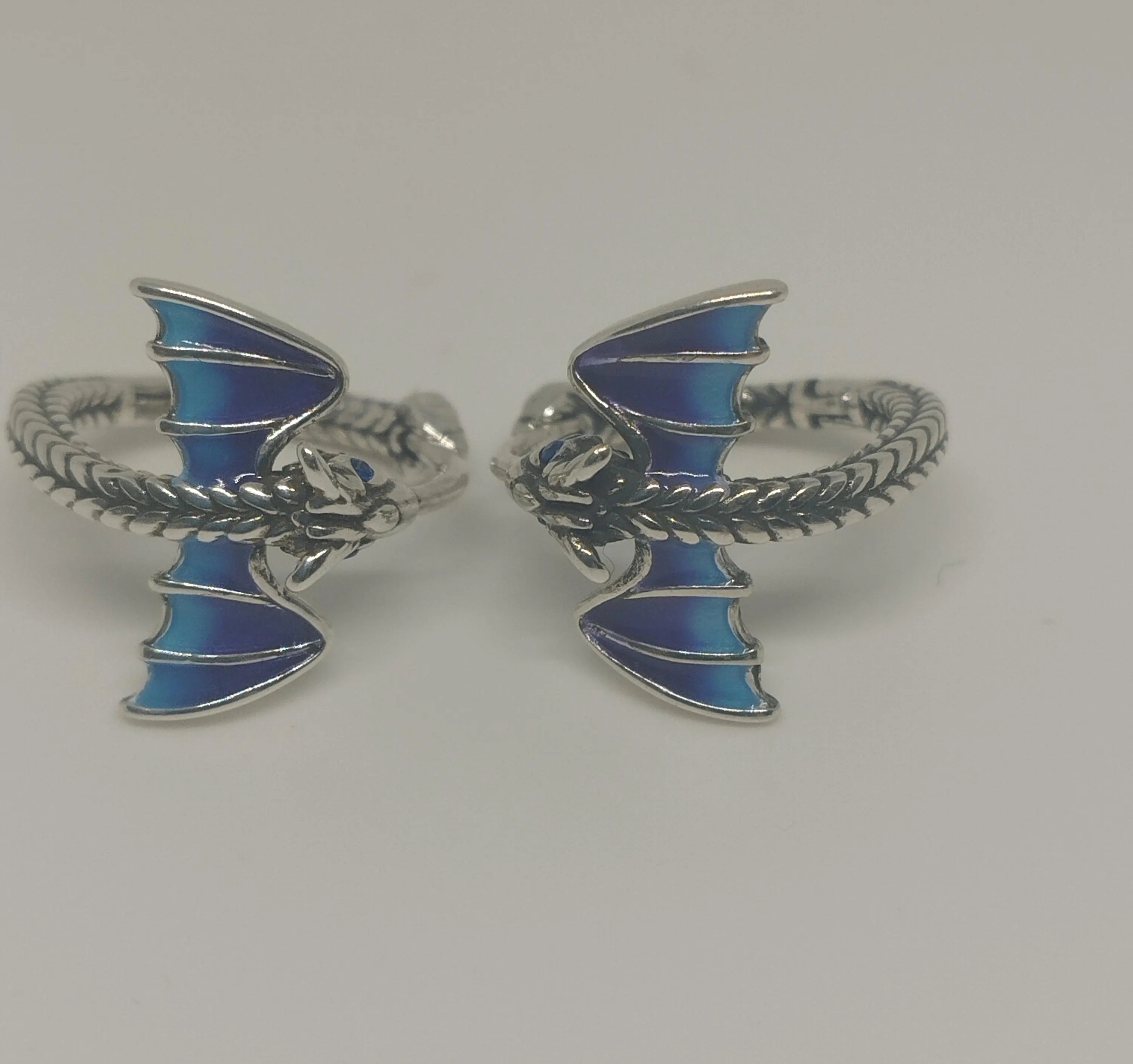 Sterling Silver Hoop Earrings with Blue Ceramic Bat Wings Unusual Artistic Statement Jewellery