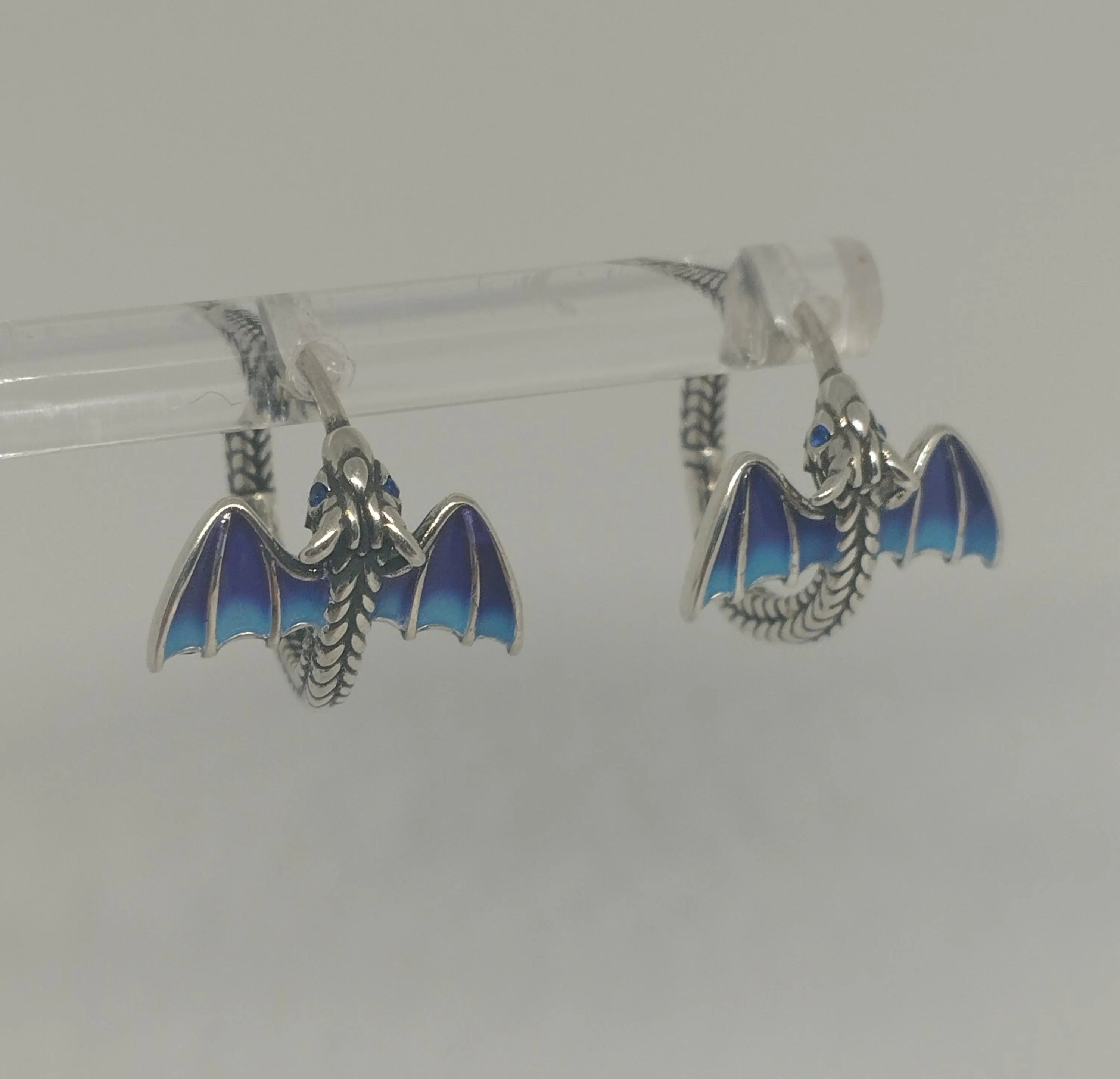 Sterling Silver Hoop Earrings with Blue Ceramic Bat Wings Unusual Artistic Statement Jewellery