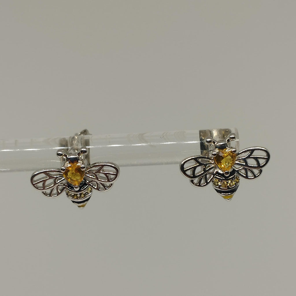 Sterling Silver Bee Stud Earring with Yellow Zirconia and Filigree Wings