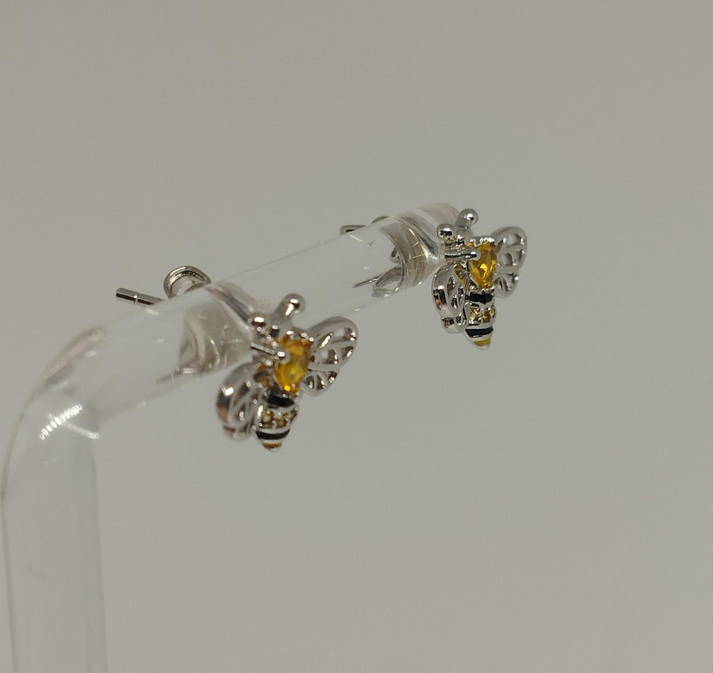 Sterling Silver Bee Stud Earring with Yellow Zirconia and Filigree Wings