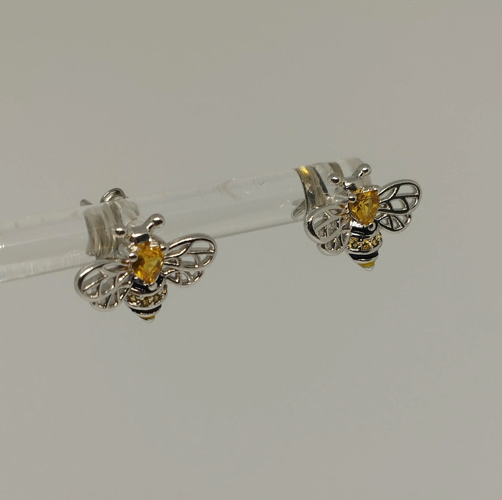 Sterling Silver Bee Stud Earring with Yellow Zirconia and Filigree Wings