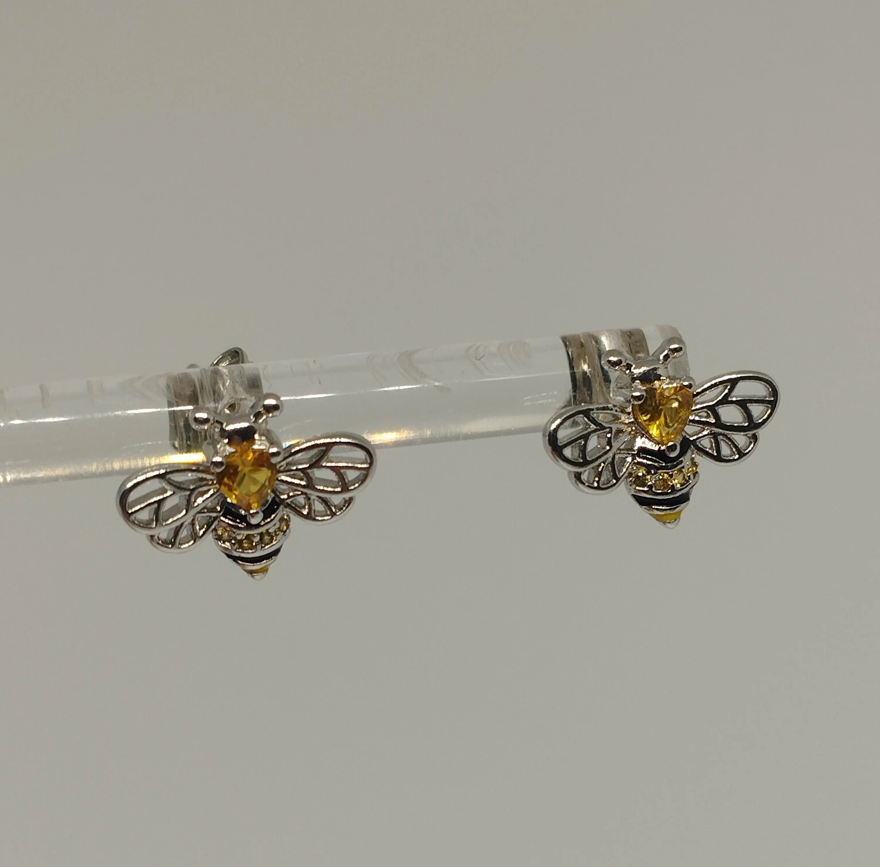 Sterling Silver Bee Stud Earring with Yellow Zirconia and Filigree Wings