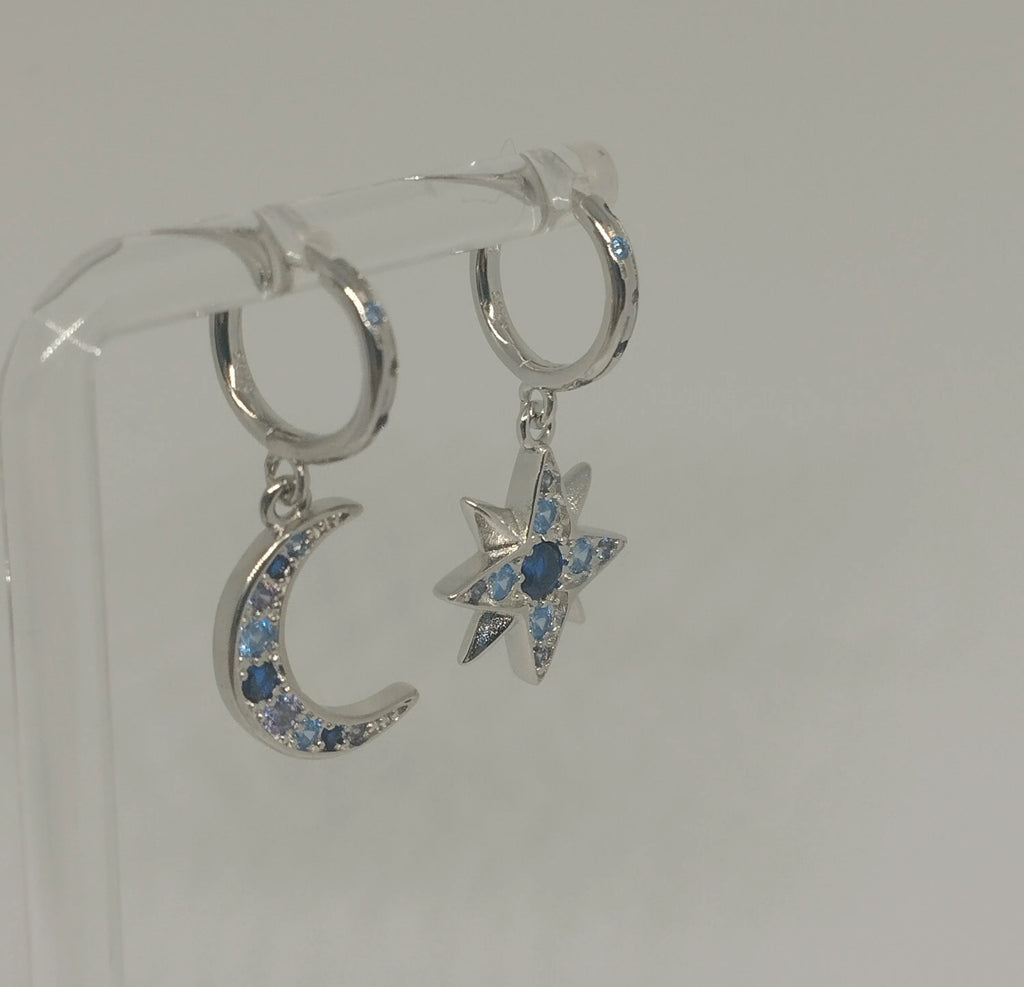 Mismatched Crescent Moon and Star Hoop Earrings with Cubic Zirconia Detailing