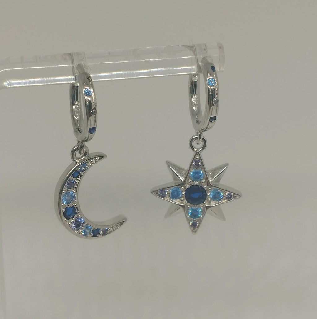 Mismatched Crescent Moon and Star Hoop Earrings with Cubic Zirconia Detailing